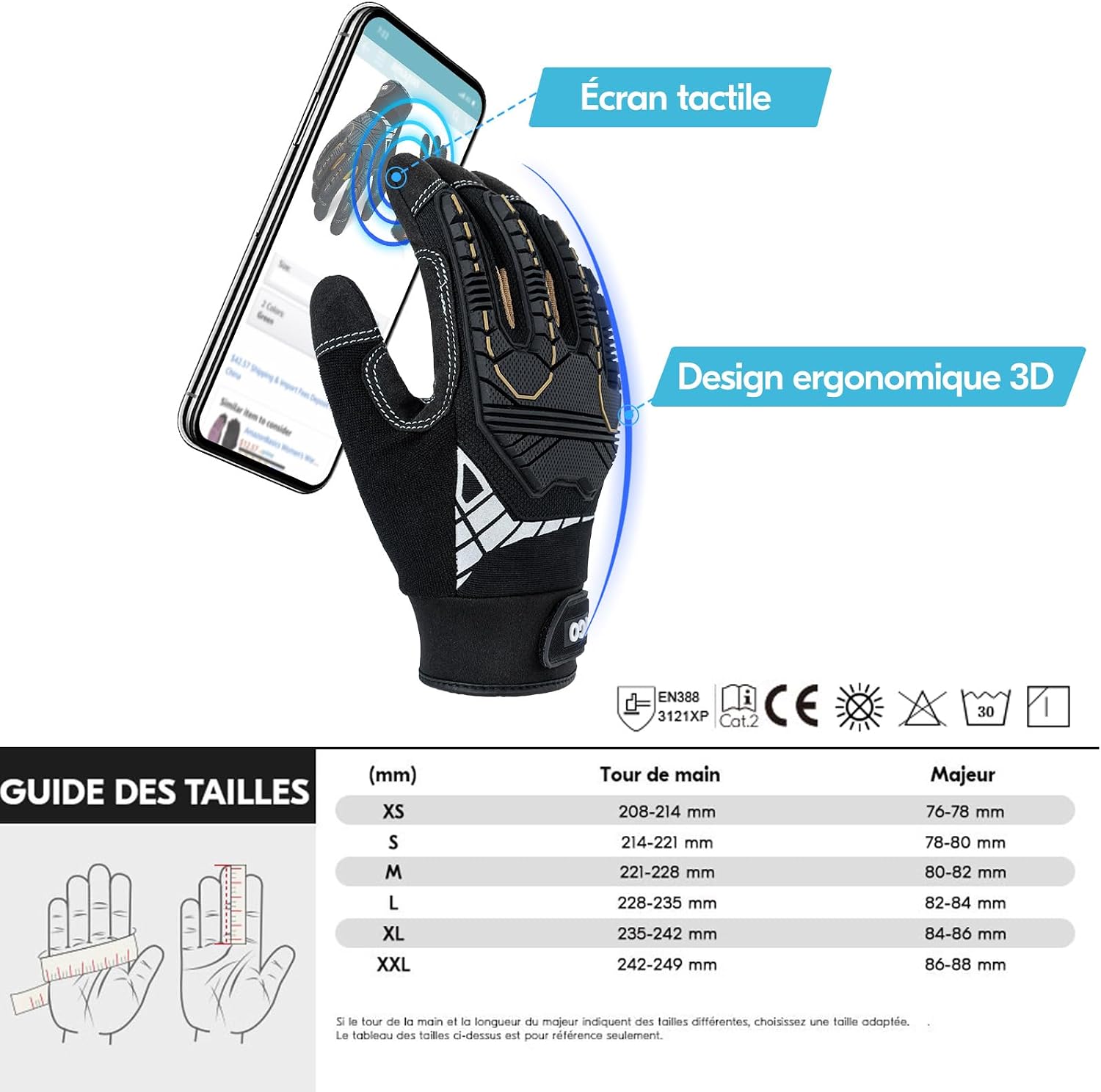 Detalle 2 de Vgo... Lot de 3 paires de gants de travail anti-vibrations SL8849,9 (L) noir et doré