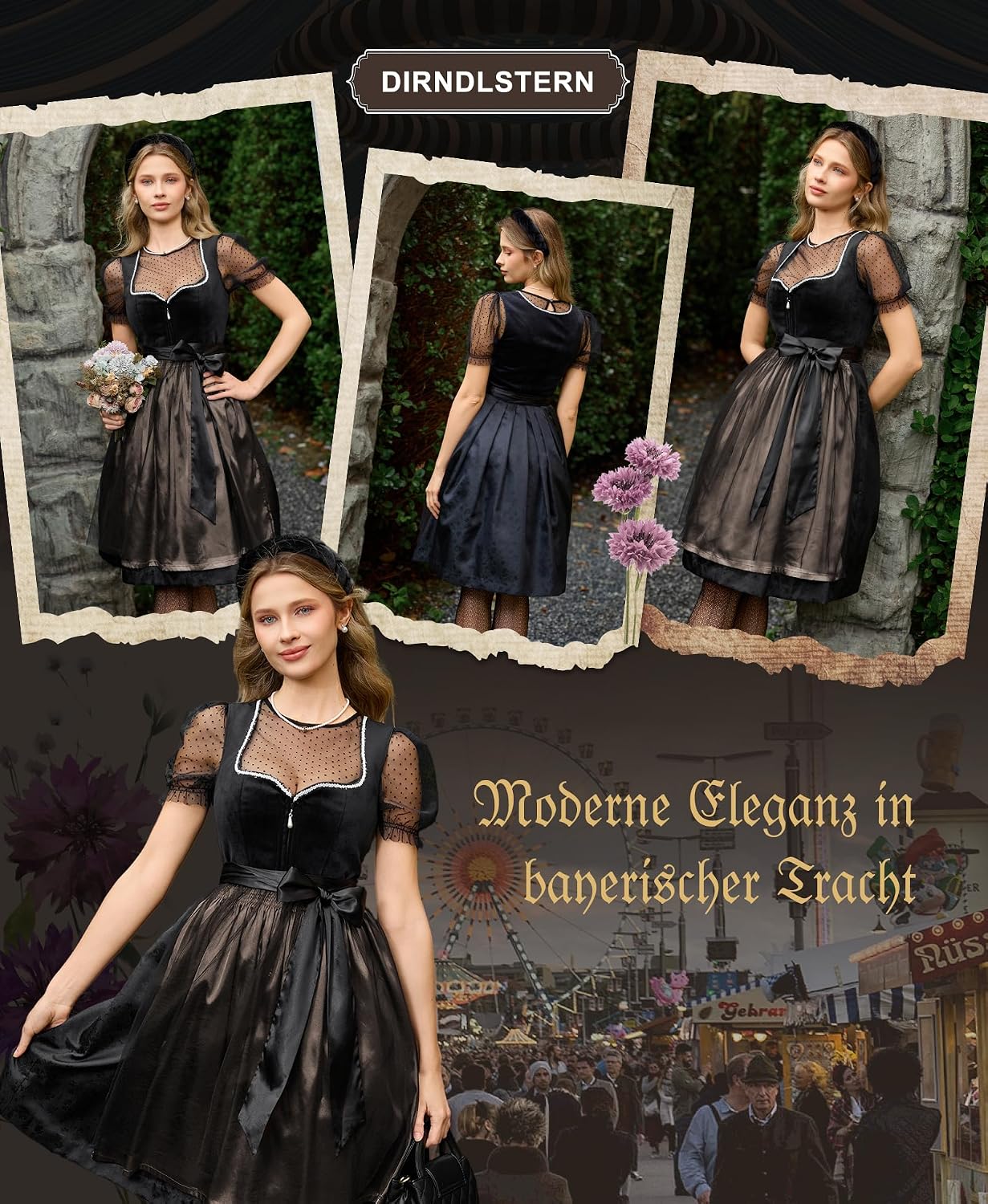 Thumbnail 3 de DIRNDLSTERN Dirndlkleid Damen Schwarz – Samt Midi mit Jacquard, 2026