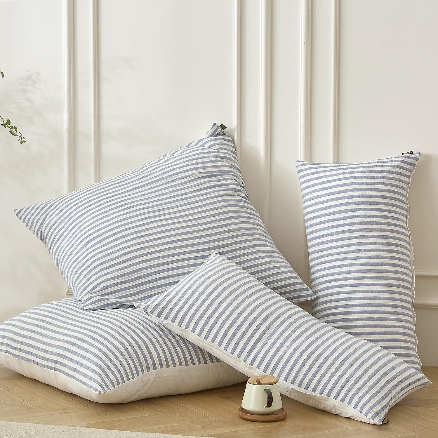 Detalle de SOULFUL Kissenbezüge 40x80 aus Baumwolle – gestreift, Jacquard, Denim Blau