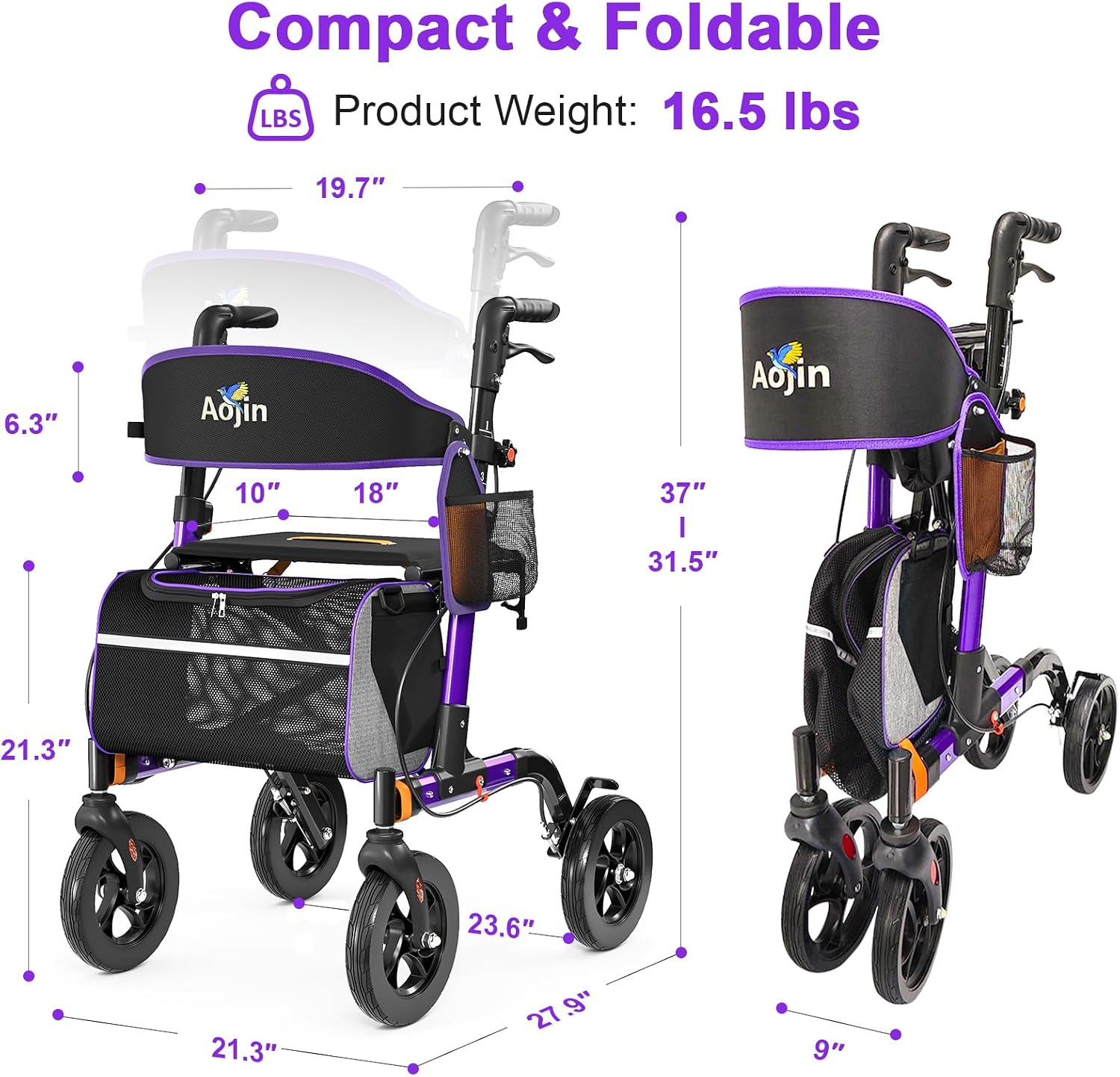 Thumbnail 6 de Walkers for Seniors Rollator with Seat 350 lb Capacity 🟪