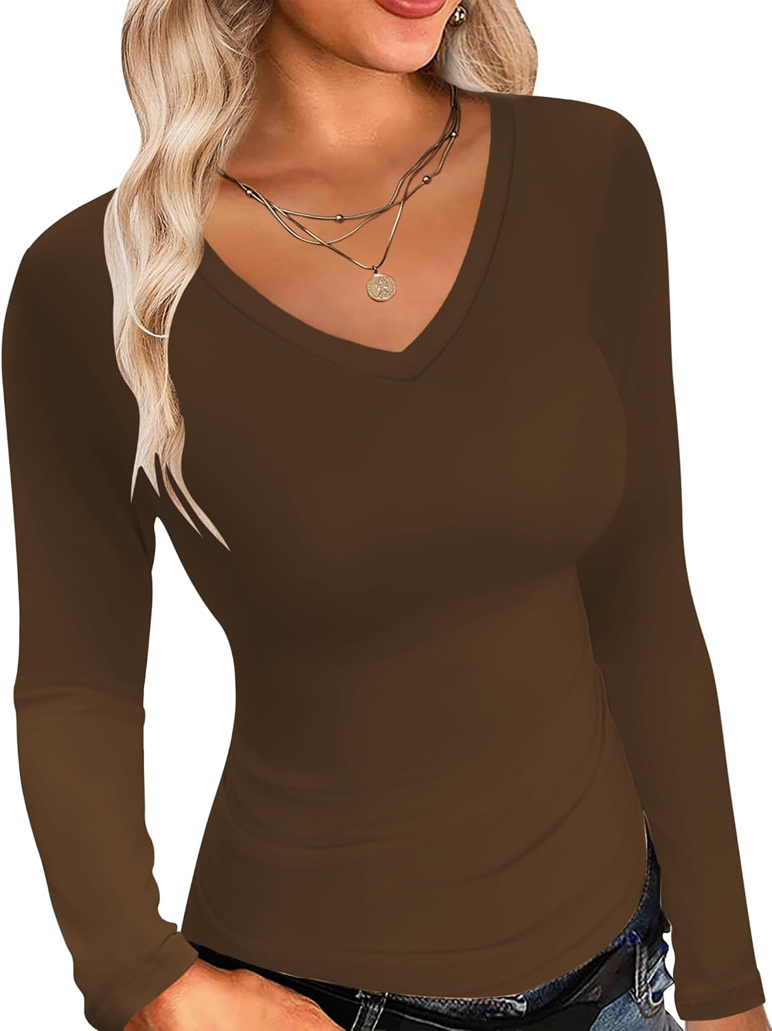 Detalle de Ekouaer Women's V-Neck Long-Sleeve Thermal Shirt, Lightweight Slim-Fit Base Layer