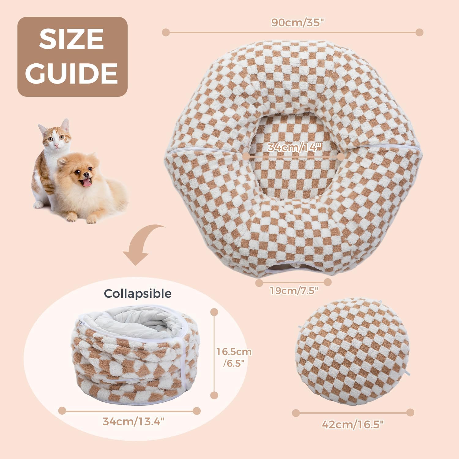 Detalle de PAWZ Road Plush Cat Tunnel: 2-in-1 Donut Circle Bed, 85 cm (Brown)