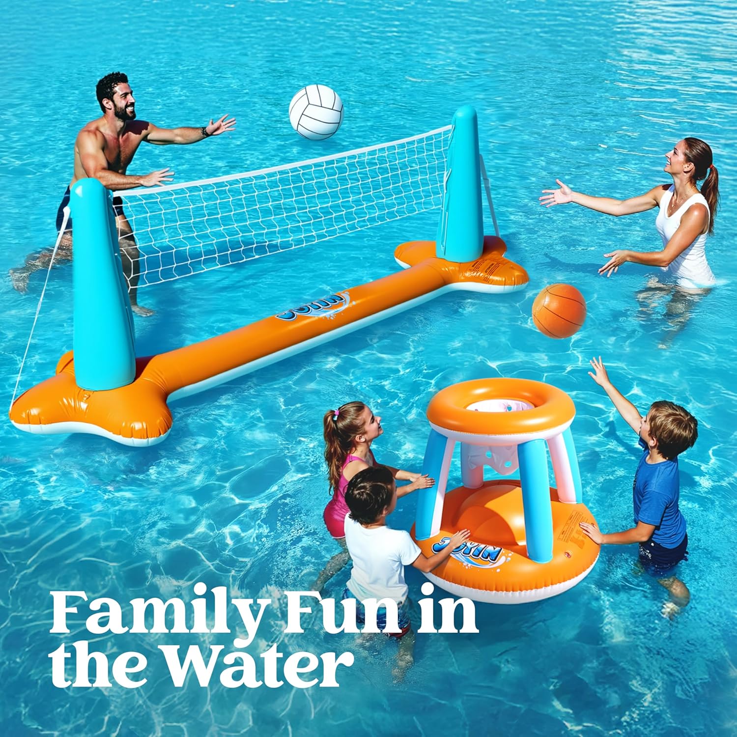 Detalle de JOYIN XL Inflatable Pool Float Set: Volleyball Net & Basketball Hoops for Big Pool Play
