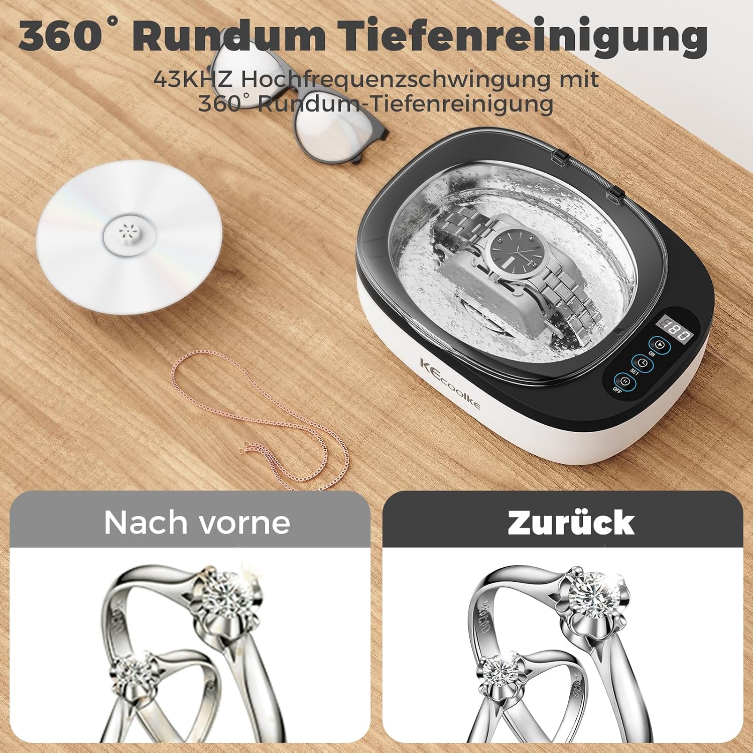 Detalle de KECOOLKE ultrasoonreiniger 750 ml met digitale timer voor sieraden en brillen