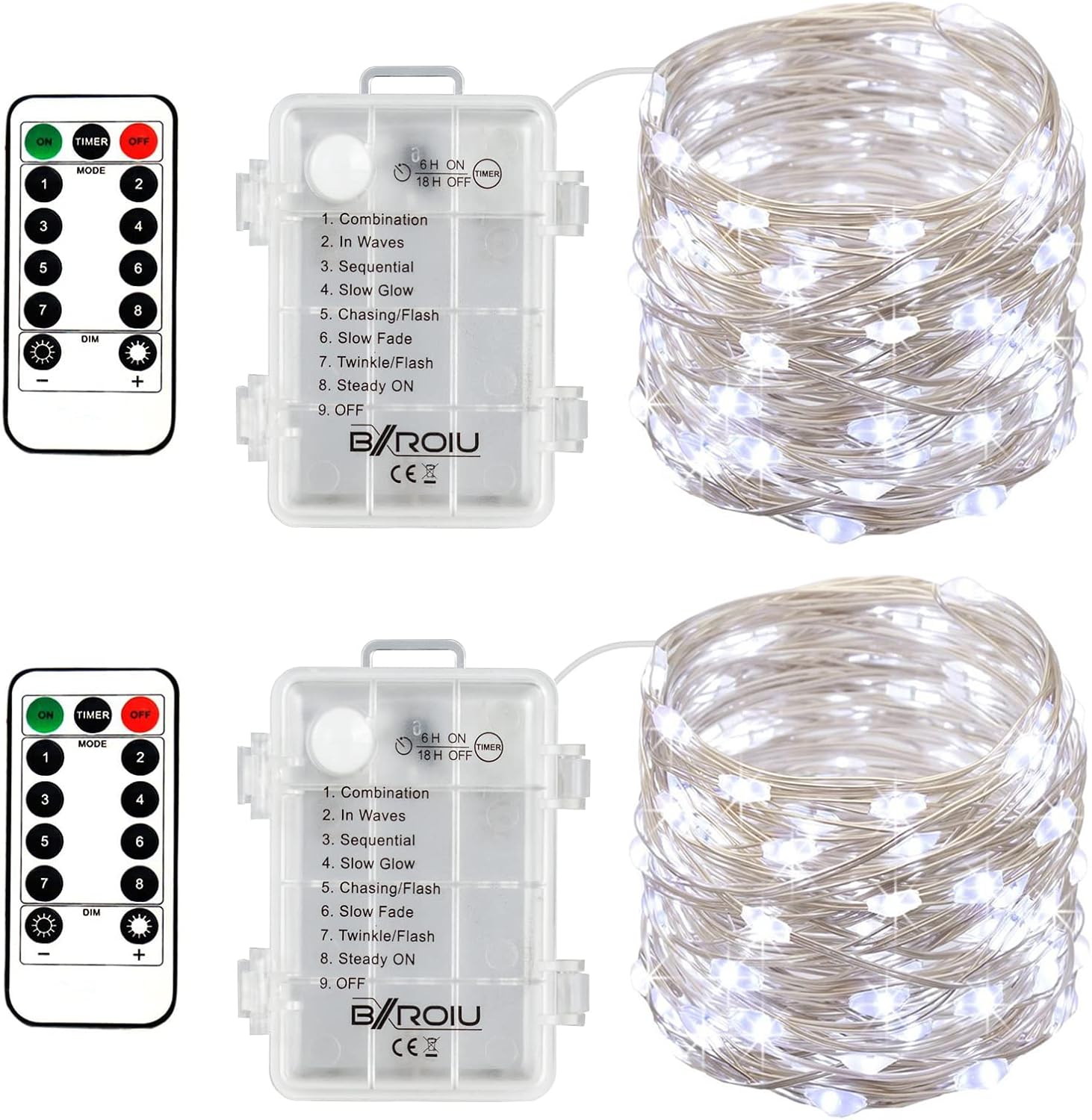 Detalle 2 de BXROIU 2x LED-Lichterkette Batterie 5 m, 50 LEDs, Fernbedienung & Timer – kabellos für Innen & Außen