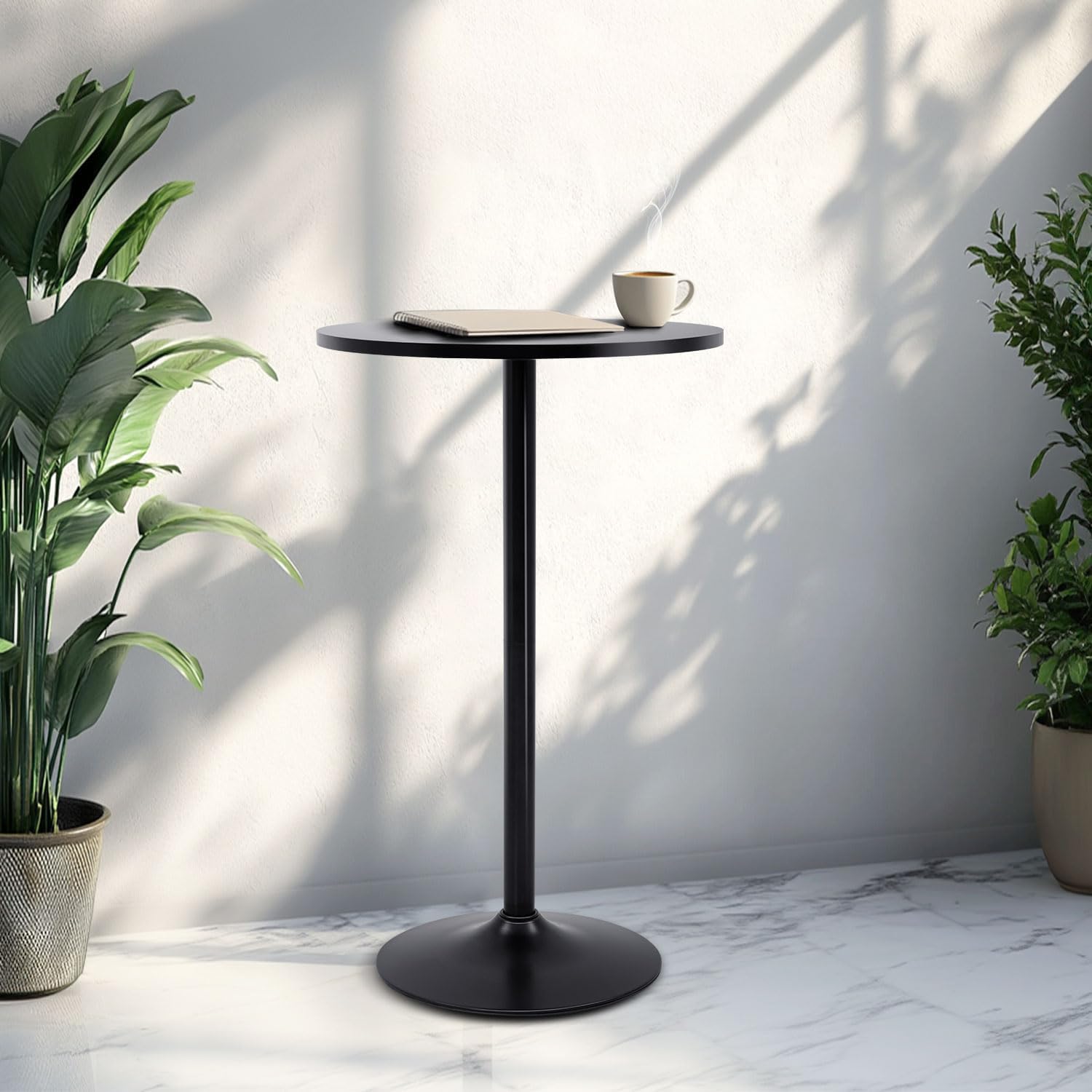Detalle 1 de FDW Modern Round Hydraulic Pub Table, Black, Wood Top, Metal Frame