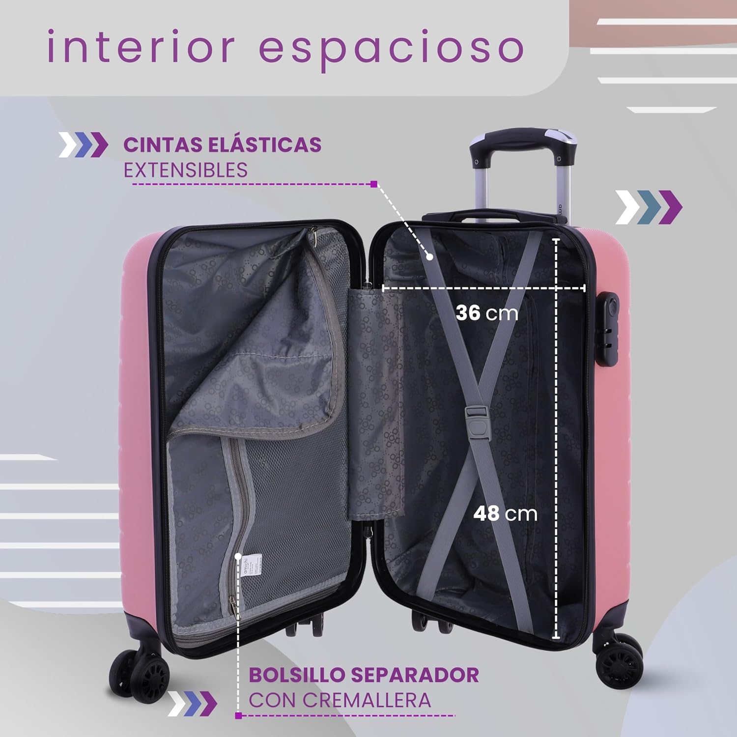 Thumbnail 4 de AMICHI Valises de Voyage Cabine – Trolley 55x40x20 cm, 4 roulettes 360°, cadenas numérique, conforme Ryanair