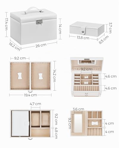 Thumbnail 6 de SONGMICS Scatola Portagioie a 3 livelli – Portagioie con mini box removibile, chiusura a chiave e maniglia frontale, PU Bianco Nuvola / foderato beige