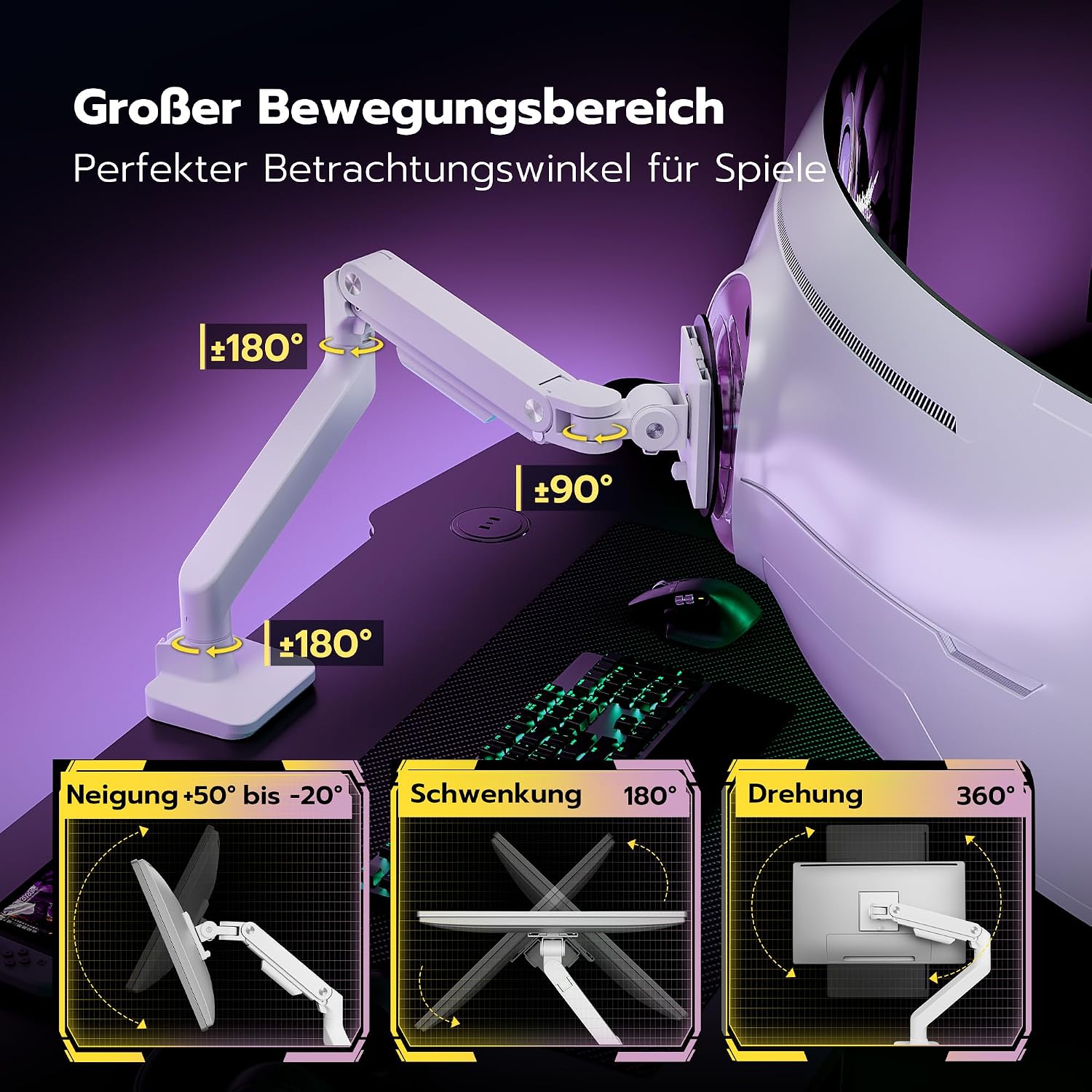 Detalle 2 de ARES WING Monitorhalterung 17–49 Zoll, Gasfeder, 20 kg Tragkraft, VESA 75/100 mm – Weiß