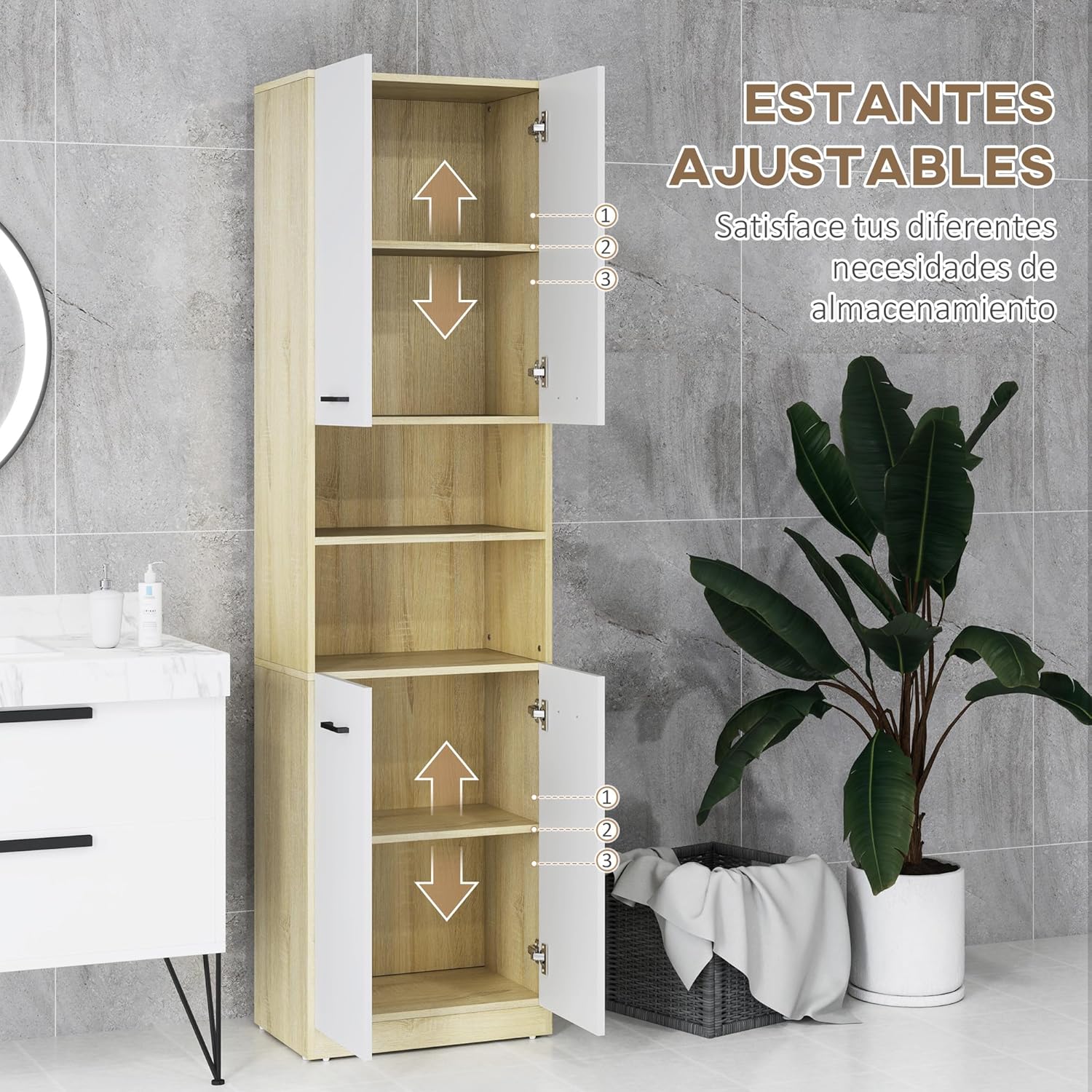 Thumbnail 4 de kleankin Columna auxiliar baño 53x33,5x195,7 cm Blanco Roble