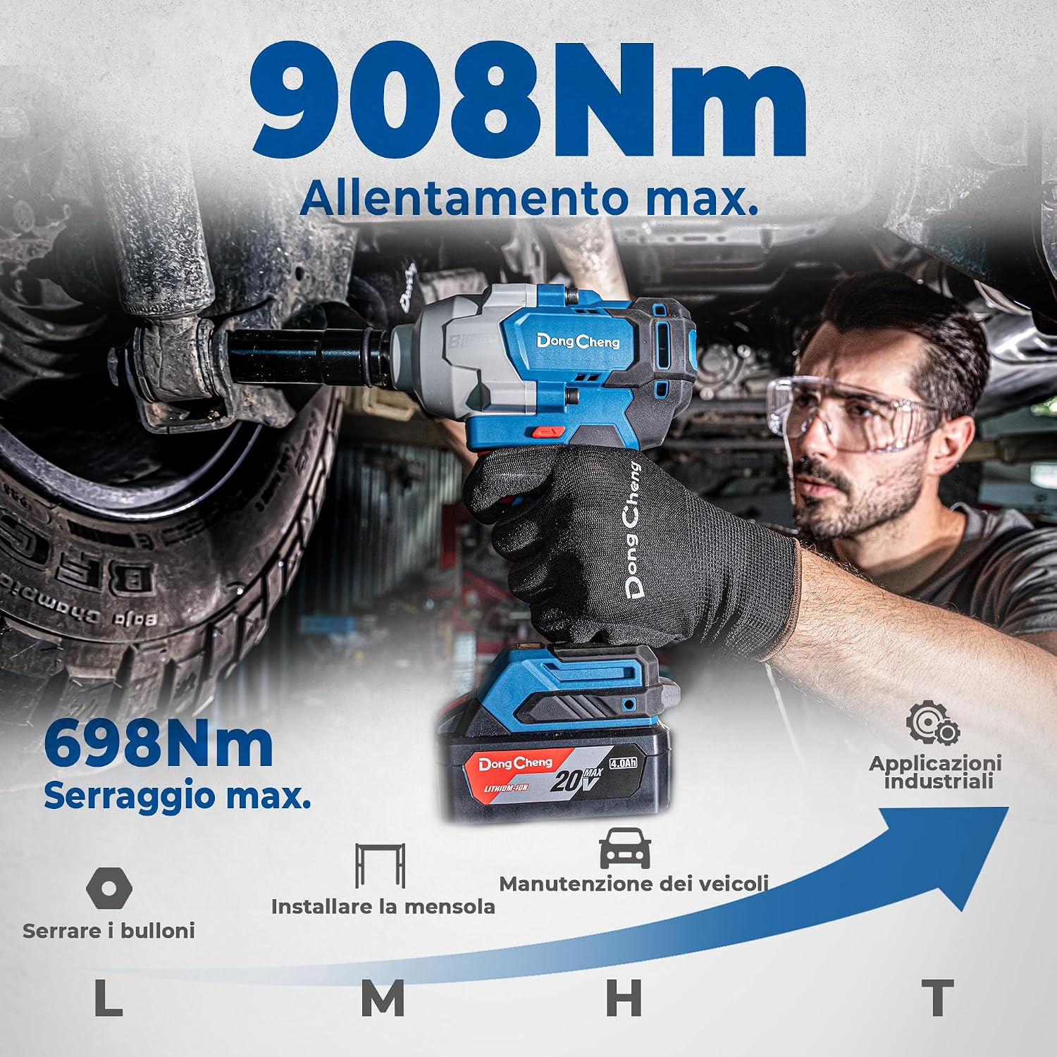 Thumbnail 2 de Dong Cheng 20V Chiave a Impatto senza Spazzole, 908 Nm (4 modalità) con 2 Batterie 4,0 Ah e Kit completo