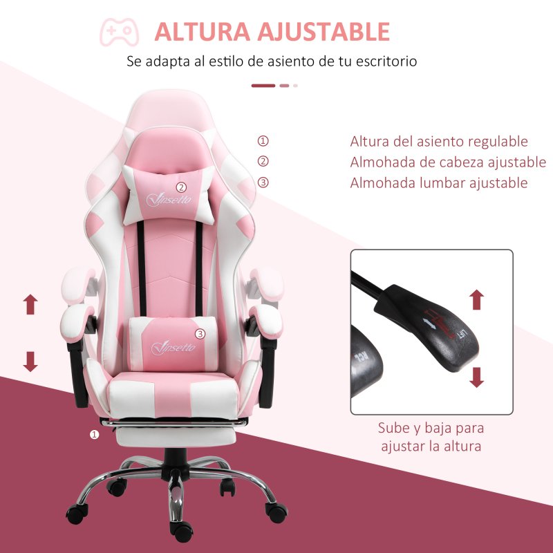 Detalle de Vinsetto Silla Gaming Reclinable Rosa con Reposacabezas y Reposapiés (64x67x119-127 cm)