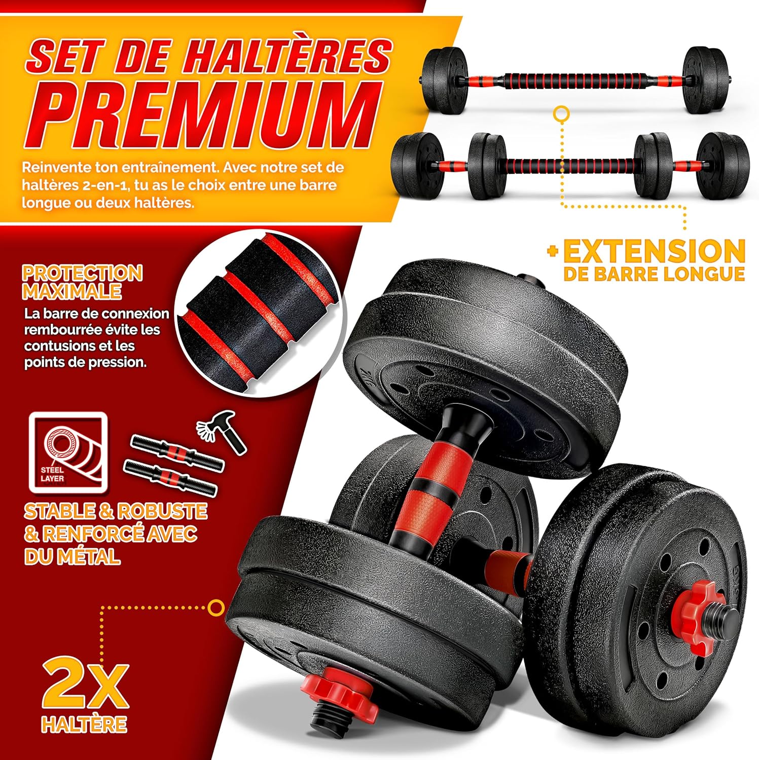 Thumbnail 1 de RE:SPORT Ensemble d’haltères 2 en 1 15-40 kg — haltères courts et longs, sécurité et confort