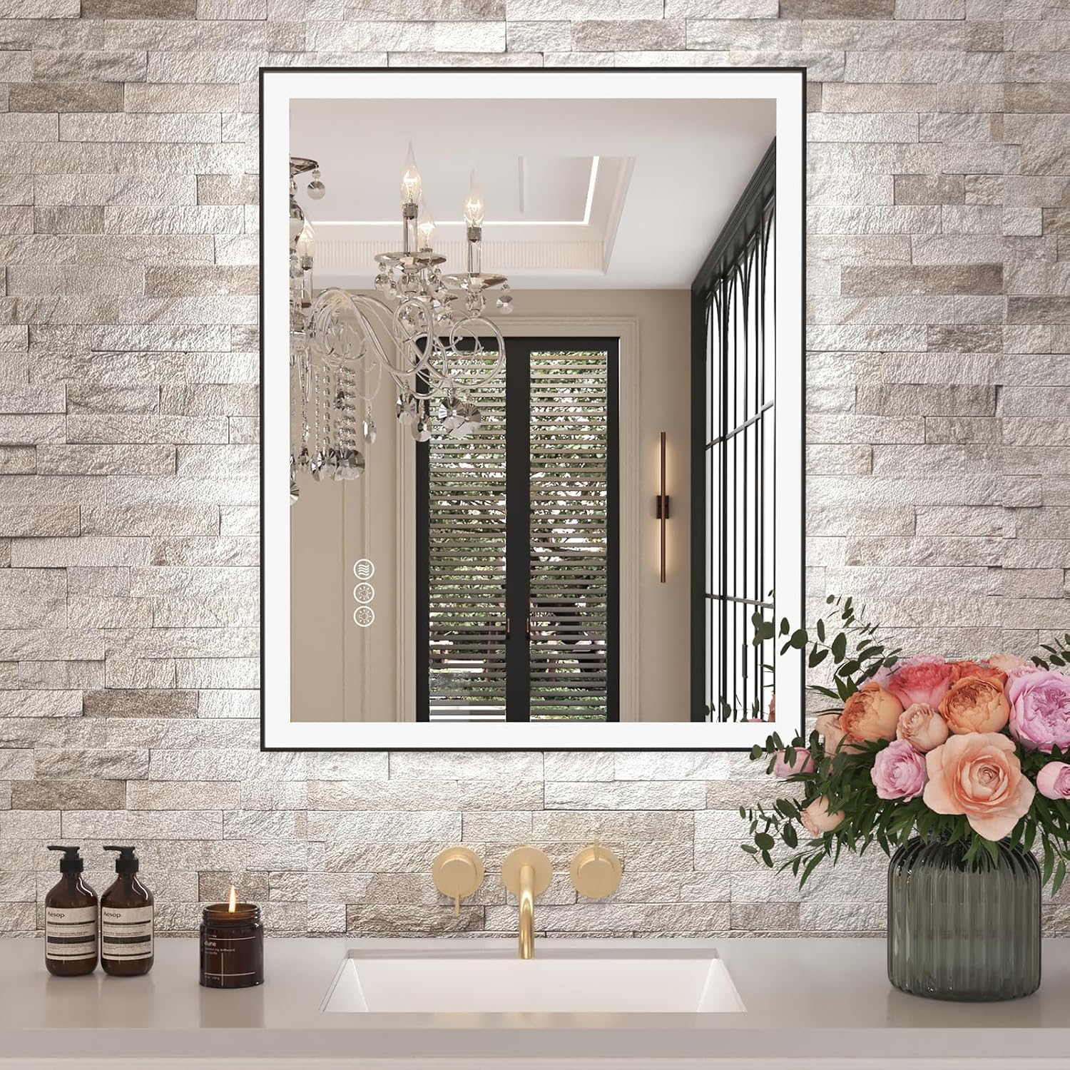 Detalle de Amorho 28" x 36" LED Bathroom Mirror with Black Frame