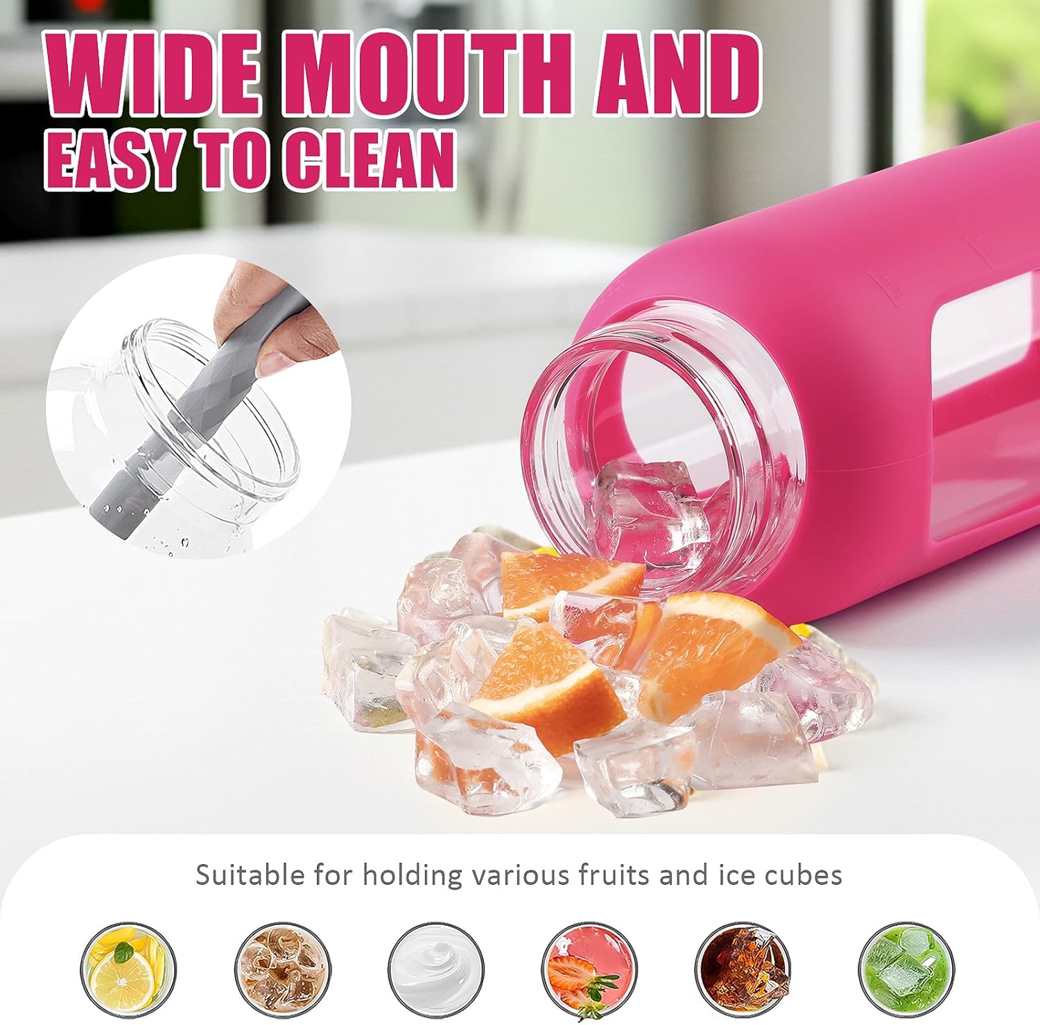 Thumbnail 3 de BLUEGO 700 ml Glas-Wasserflasche mit zwei Deckeln – BPA-frei, Rosarot