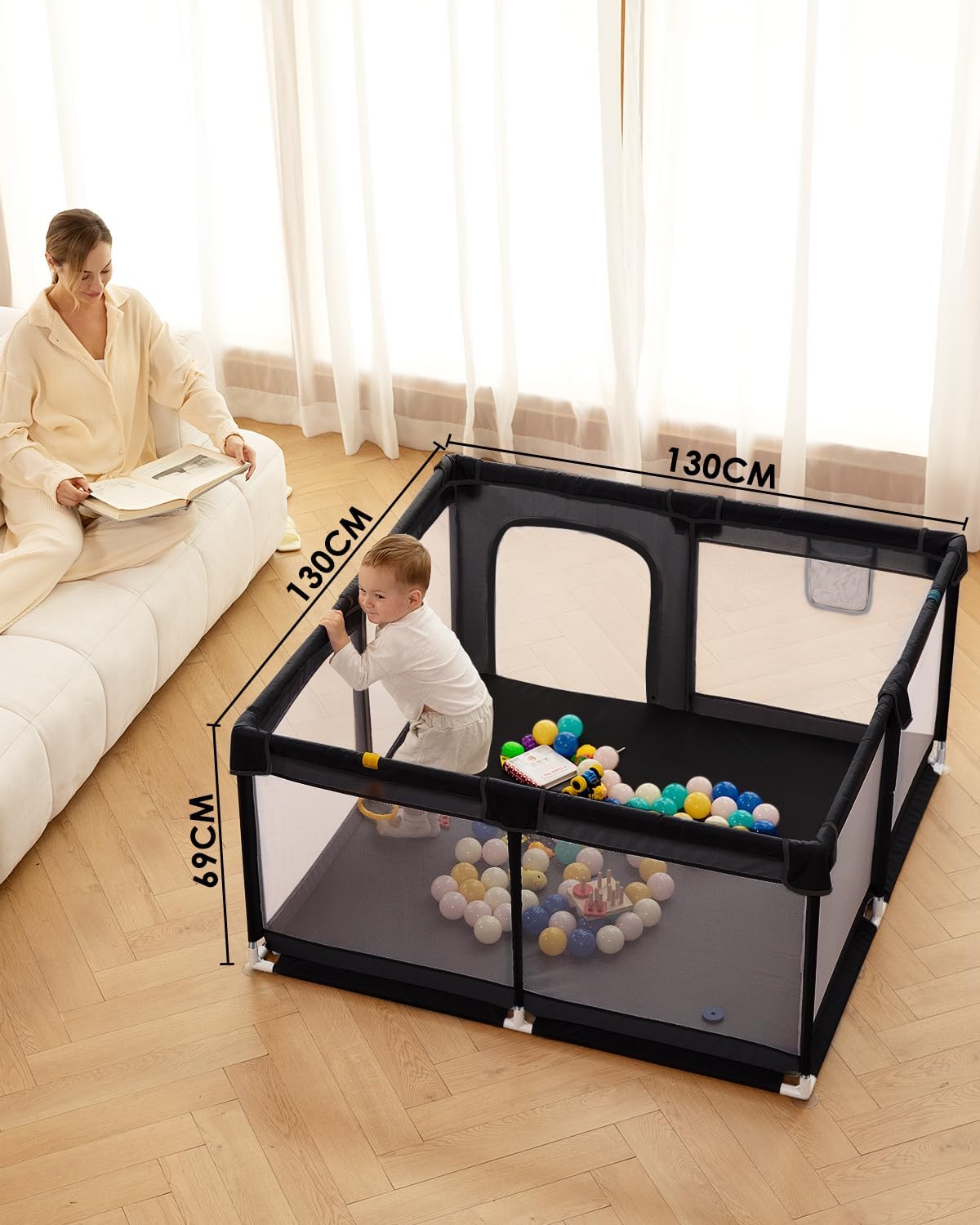 Thumbnail 3 de Baby Playpen Extra Large Baby Play Yard (130 x 130 x 66cm) with Anti-Slip Base, BPA-Free, Indoor & Outdoor – Black