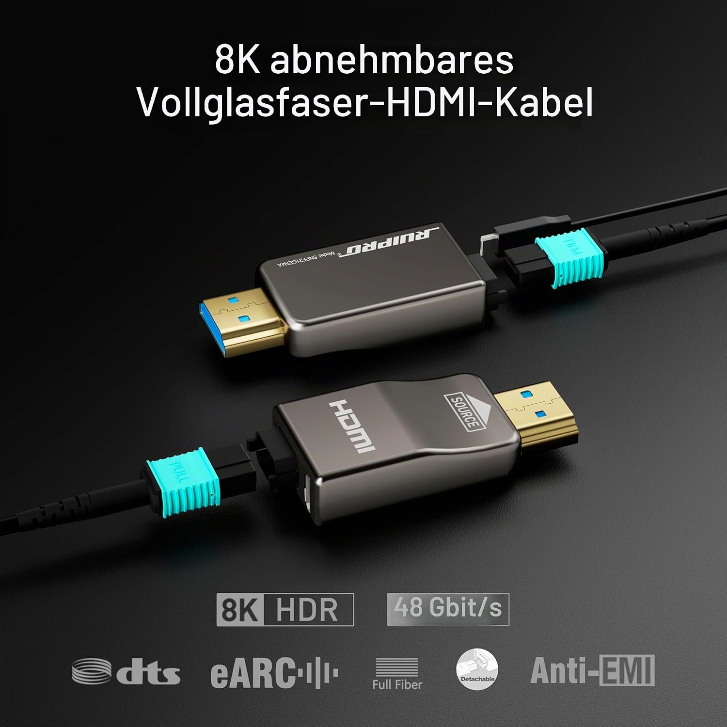 Thumbnail 1 de RUIPRO RUIPRO 8K HDMI 2.1 Kabel mit abnehmbarem Stecker (Glasfaser), 15 m, Ultra High Speed 48 Gbit/s – für 8K@60Hz & 4K@120Hz