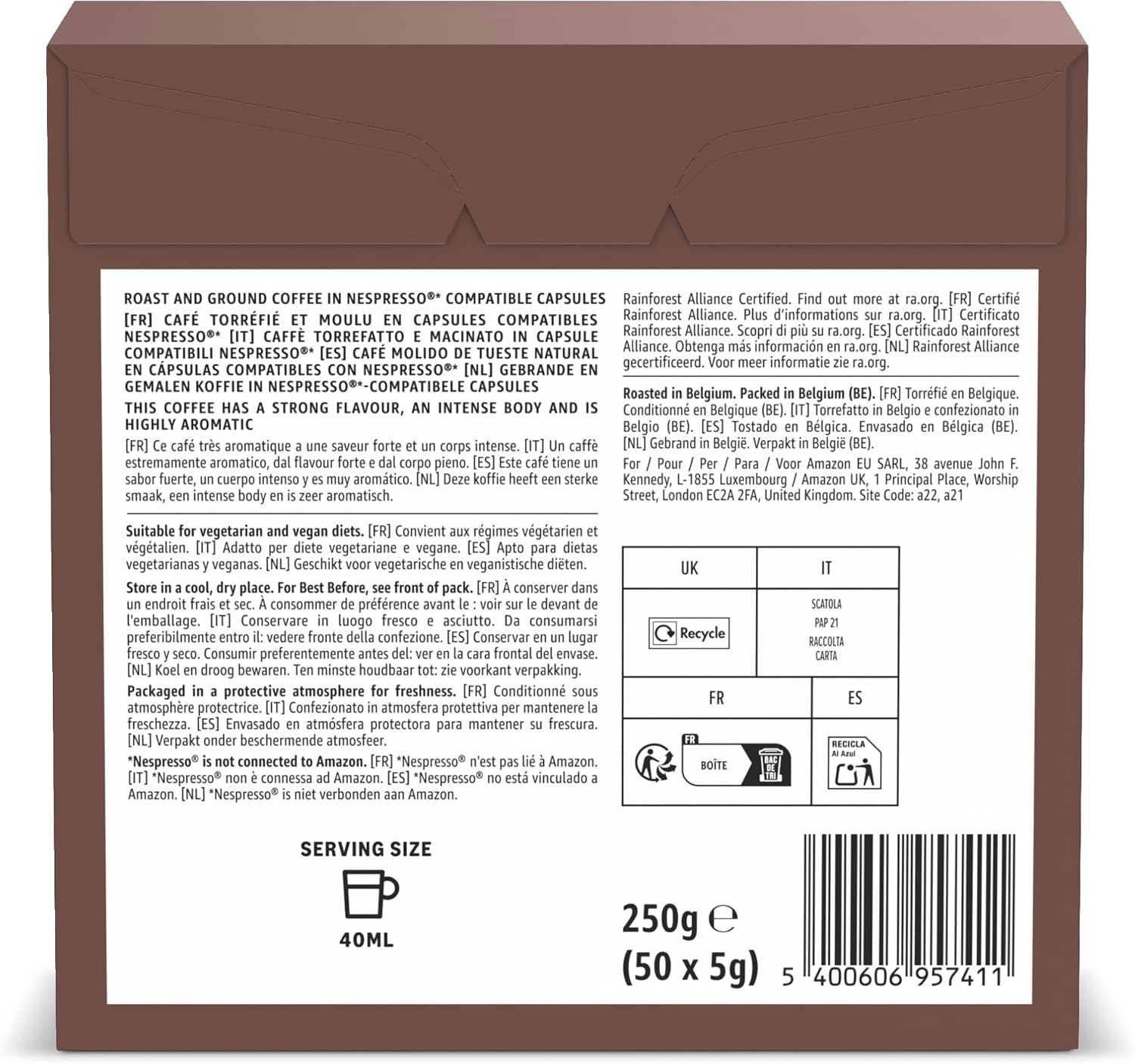 Detalle de Amazon Espresso Intenso Cápsulas Nespresso, Tueste Oscuro, 100u