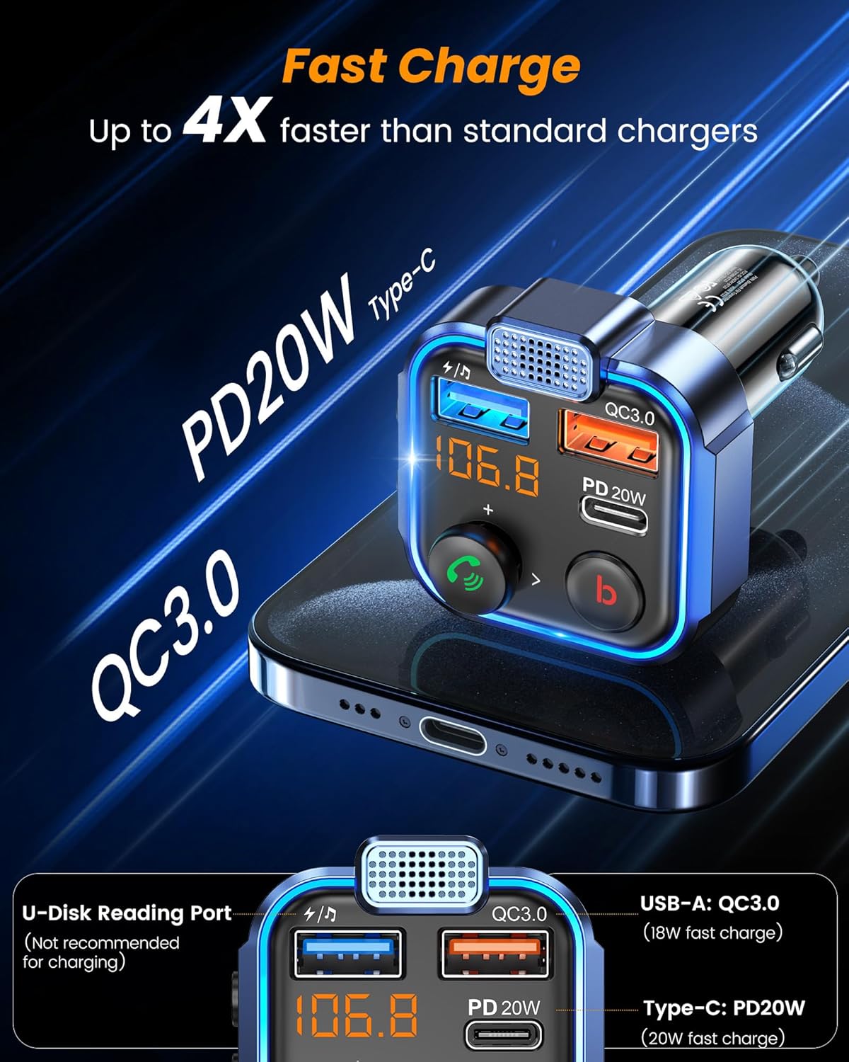 Thumbnail 4 de LENCENT Bluetooth FM Transmitter with 30W