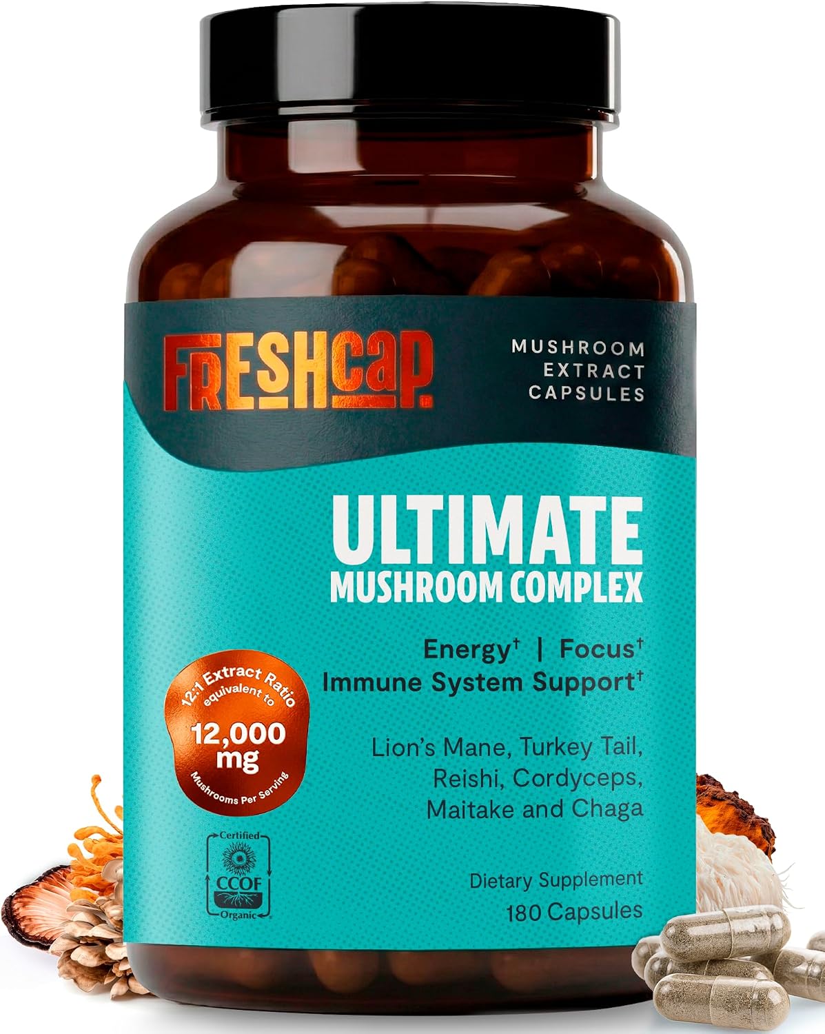 Detalle de FreshCap Mushrooms Ultimate Mushroom Complex Capsules, 180 Count, 29% Beta-Glucans