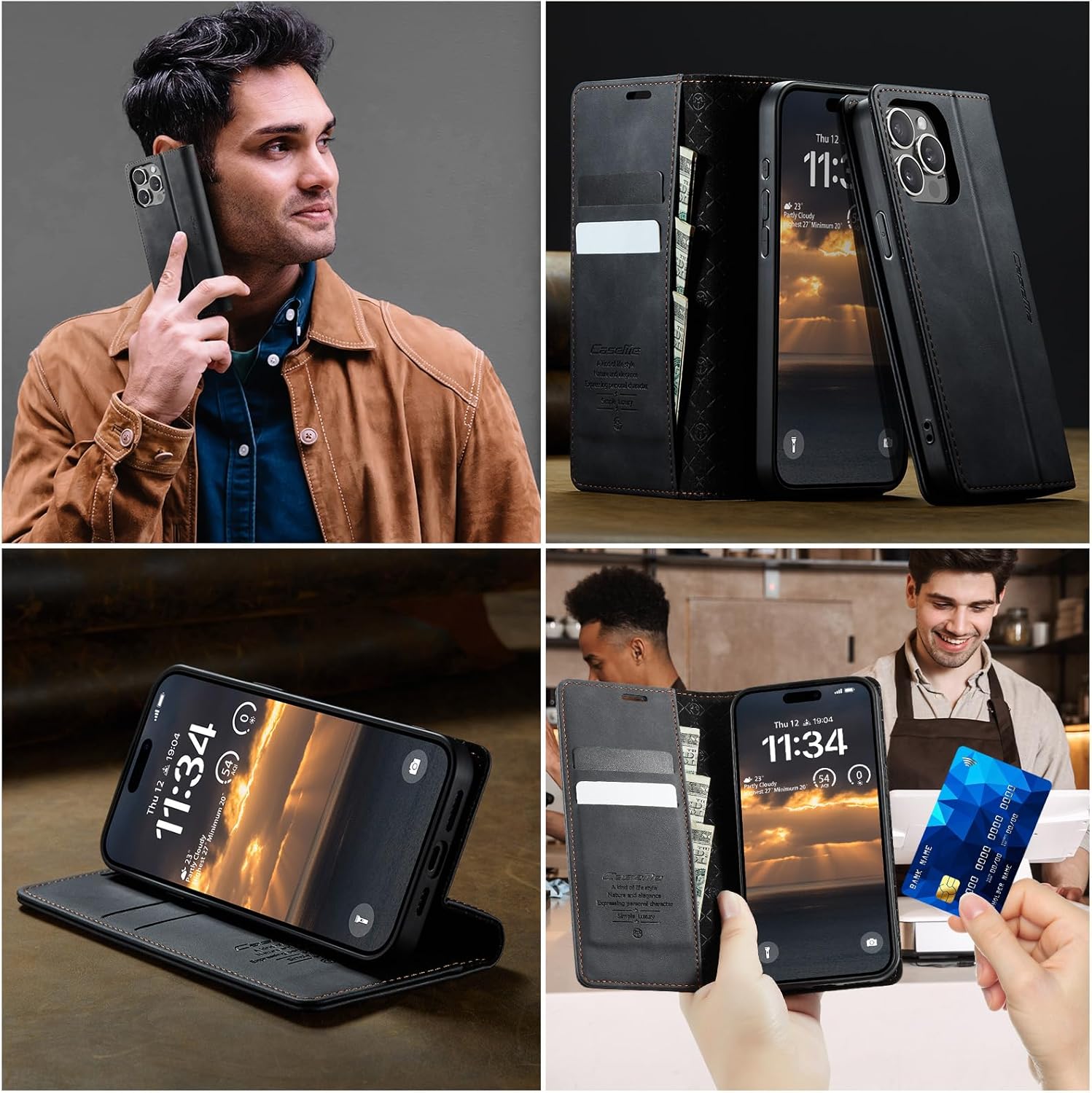 Thumbnail 6 de Lonjanfon iPhone 14 Pro 5G Flip Wallet Hülle aus Kunstleder mit RFID-Schutz