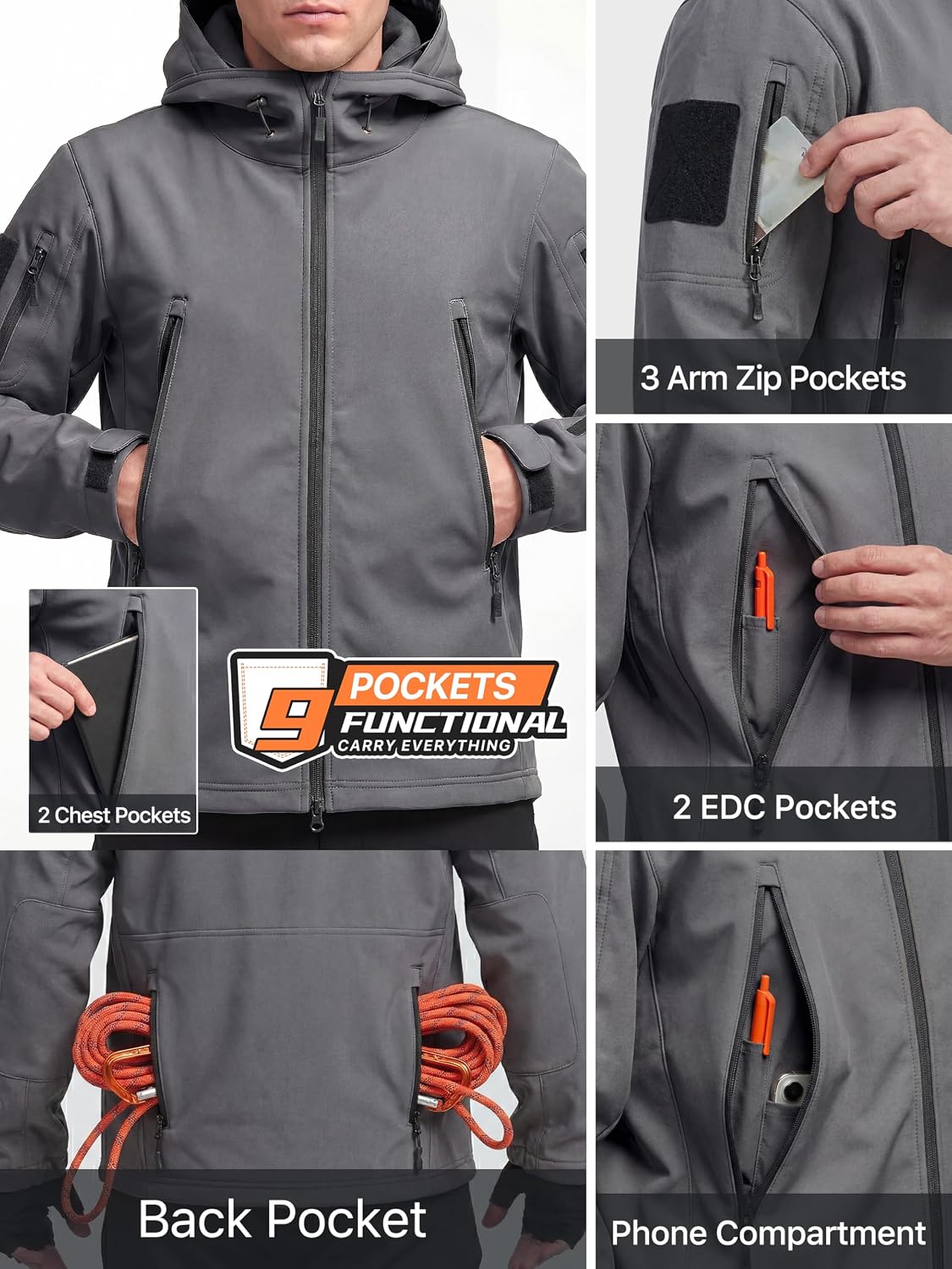 Detalle de FREE SOLDIER Men's Hooded Softshell Jacket, Waterproof, Fleece-Lined, 9 Pockets