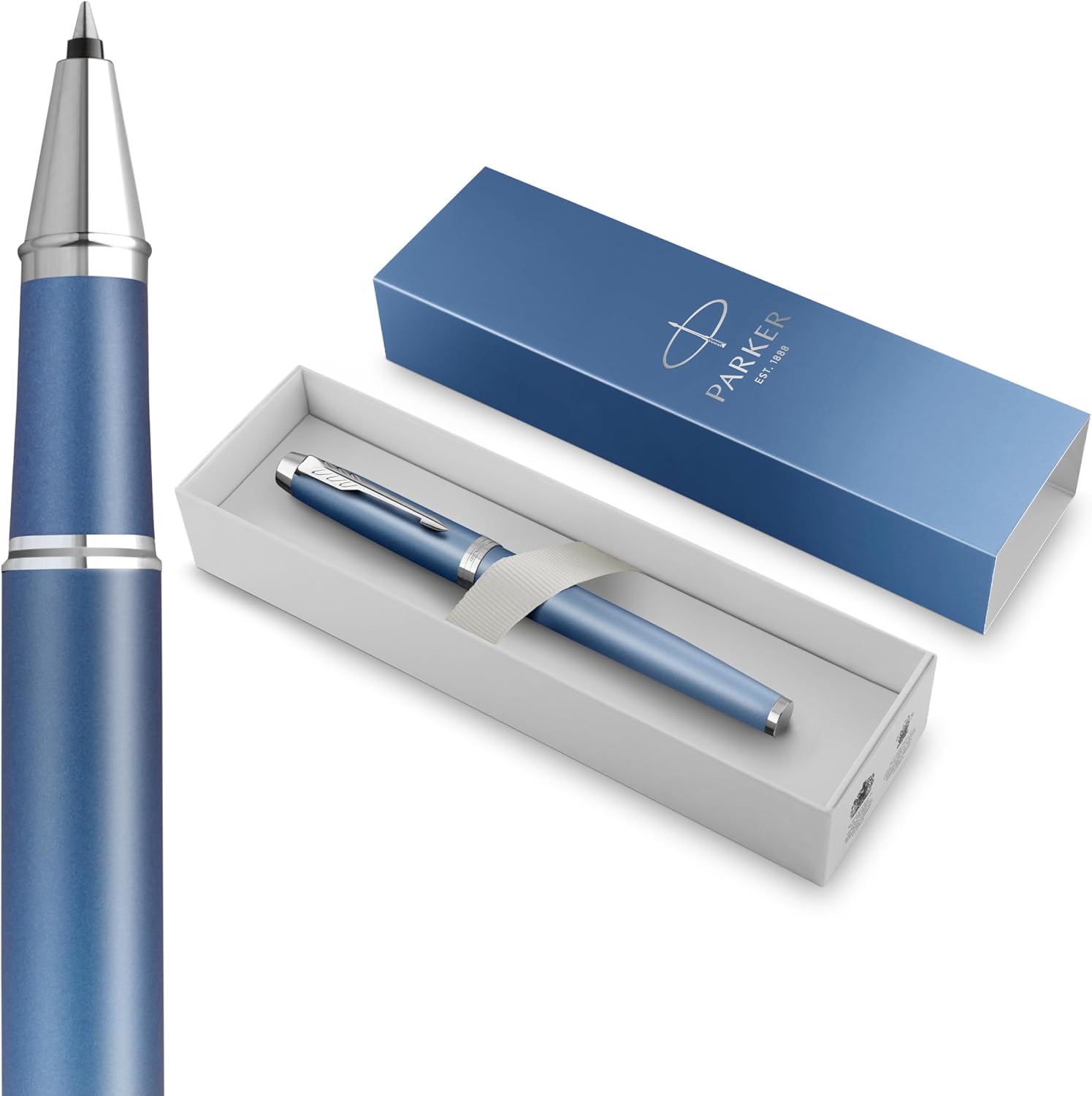 Detalle de Parker IM Writing Rituals Penna roller: eleganza rilassante in blu sfumato con punta fine