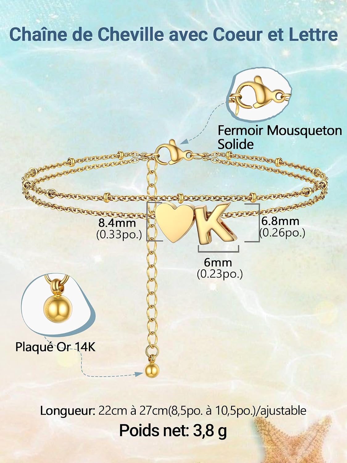 Detalle de PROSTEEL bracelet de cheville plaqué or, chaîne double rang avec cœurs et lettres, ajustable 22+5 cm