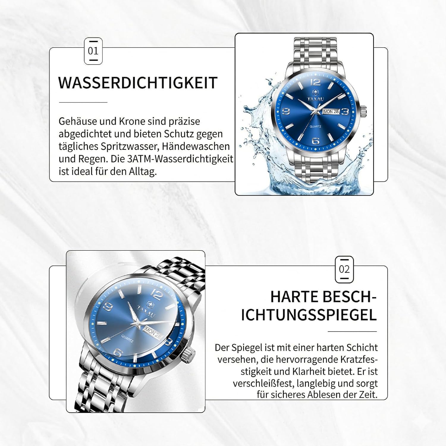 Thumbnail 3 de Taxau Wasserdicht Edelstahl Herrenuhr – Blaues Zifferblatt, Datum & Multifunktion