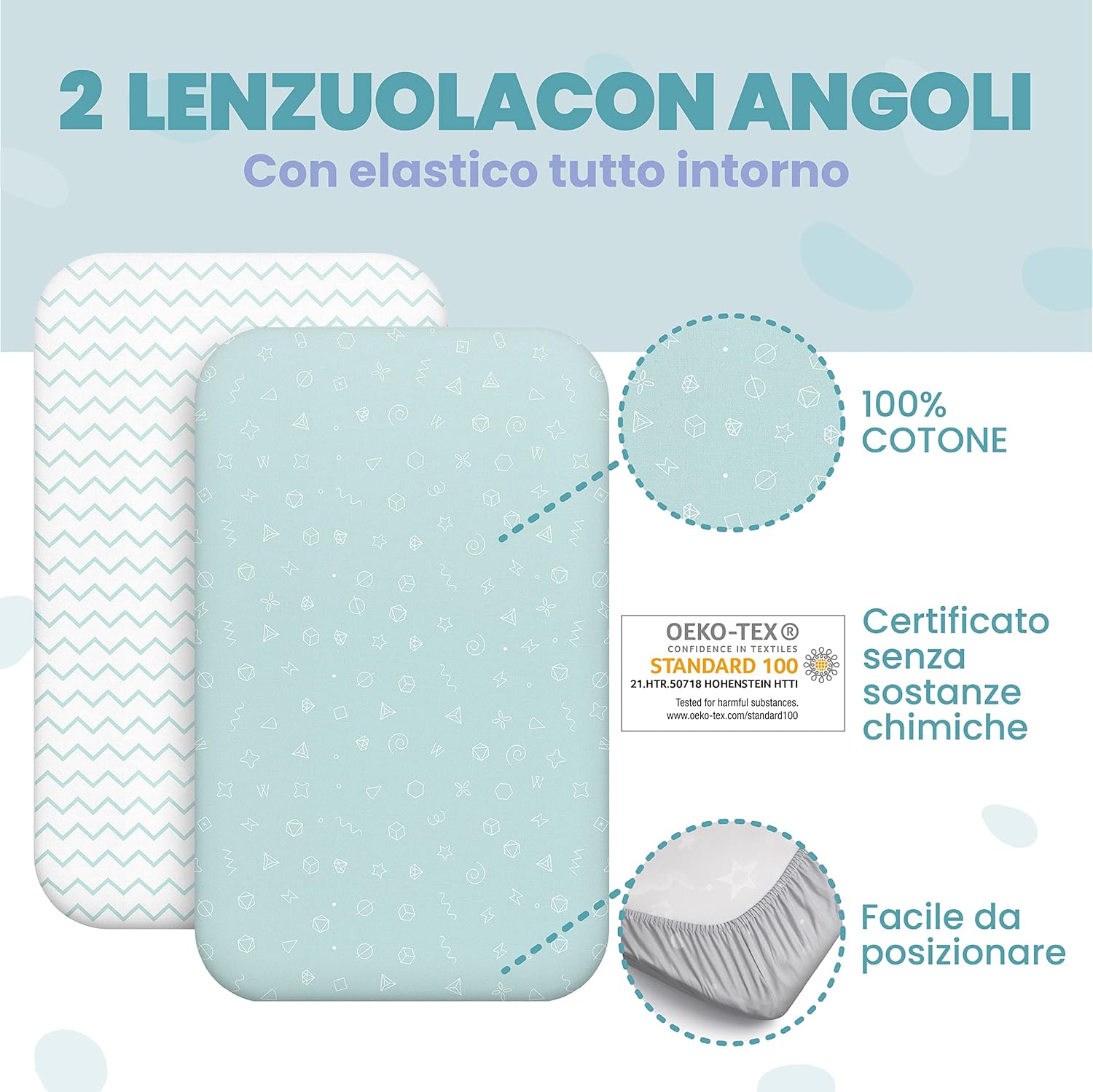 Thumbnail 4 de Sweety Fox Lenzuola 3-in-1 per Culla Cododo 55x90 cm - Set 2 + Coprimaterasso Impermeabile con Elastico 3-in-1 (Blu)