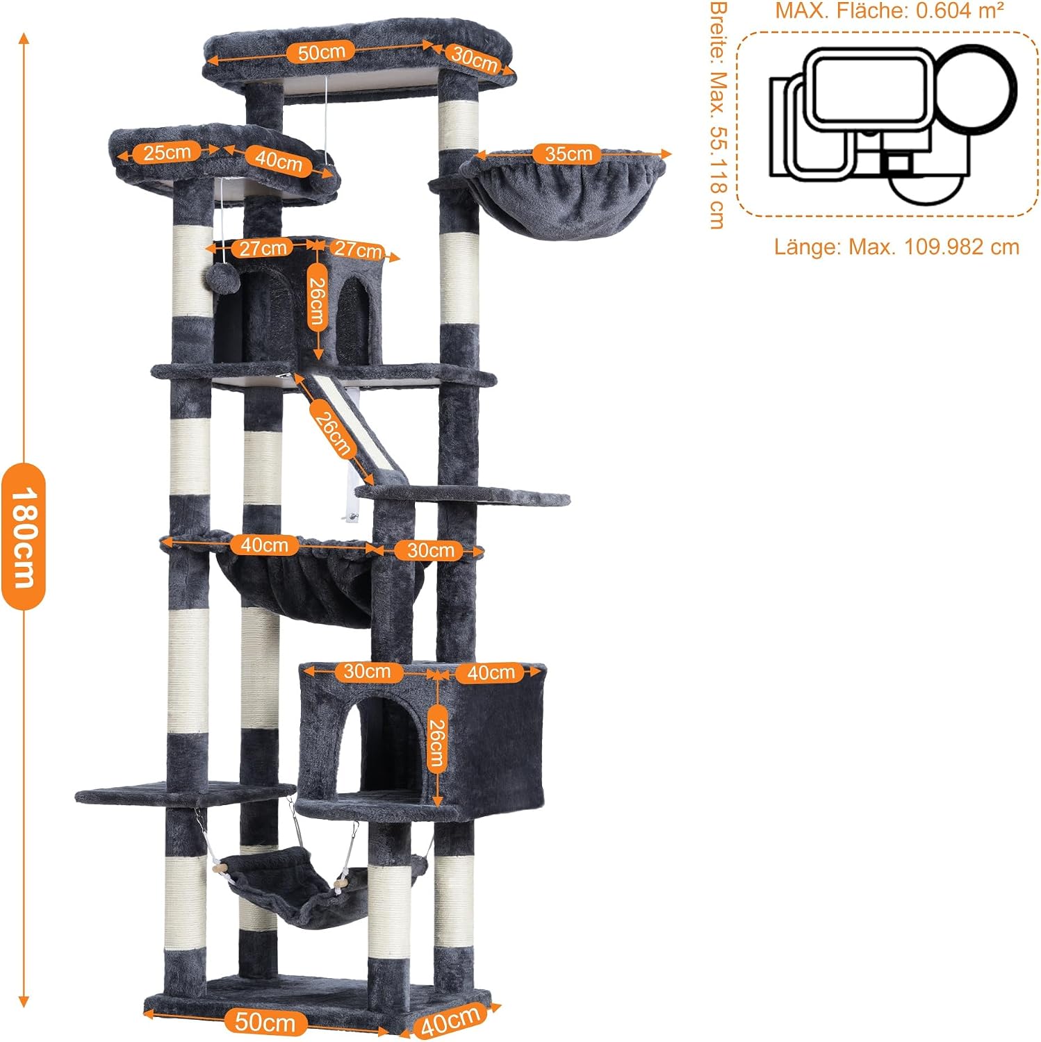 Detalle de Heybly Cat Tree 180 cm Tall Indoor Cat Tower with 2 Perches, 2 Condos and 2 Hammocks