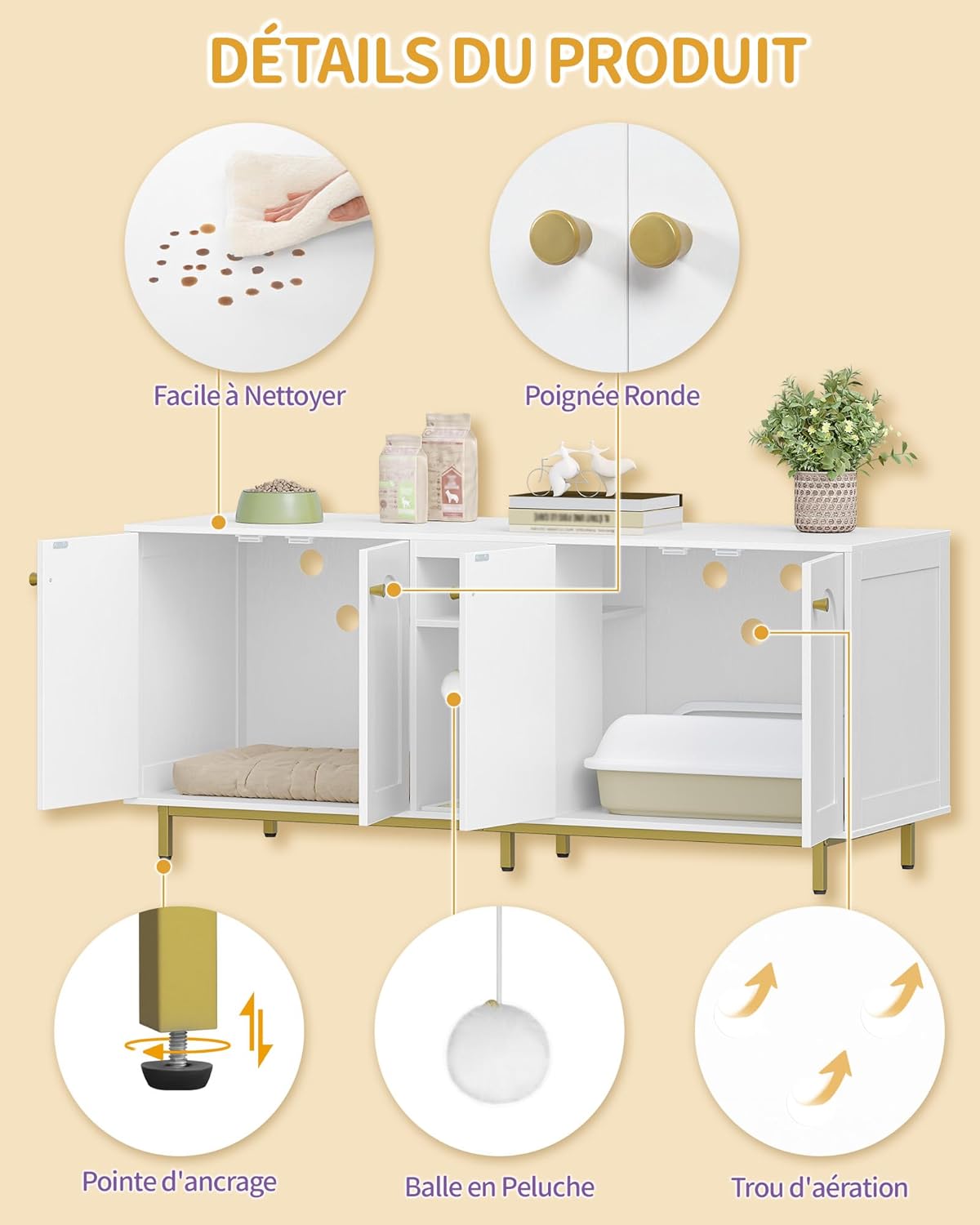 Thumbnail 4 de Hzuaneri Meuble litière pour 2 chats CB86513A (140 x 48 x 62 cm) blanc et or