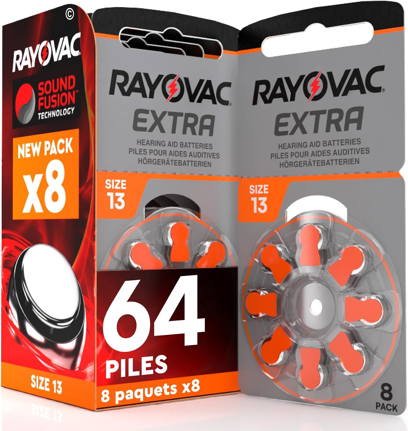 Piles Rayovac Extra Size 13 pour appareils auditifs : 64 piles zinc-air sans mercure (8 blisters)