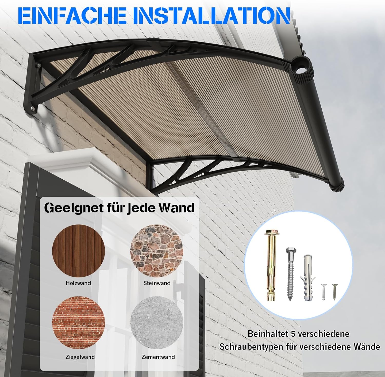 Thumbnail 5 de Vordach für Haustür 150x100 cm von GGNEBAI – Polycarbonat-Pultvordach mit separatem Entwässerungskanal