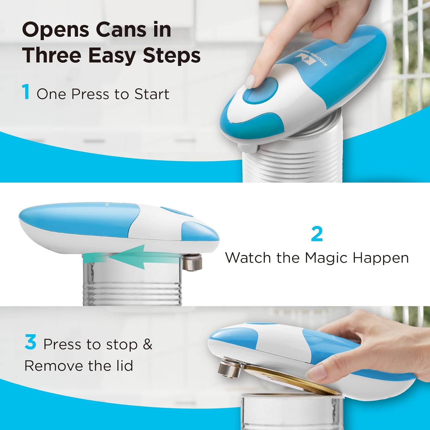 Detalle de Kitchen Mama Auto Electric Can Opener, Sky Blue — Hands-Free, Smooth Edge, Battery Operated