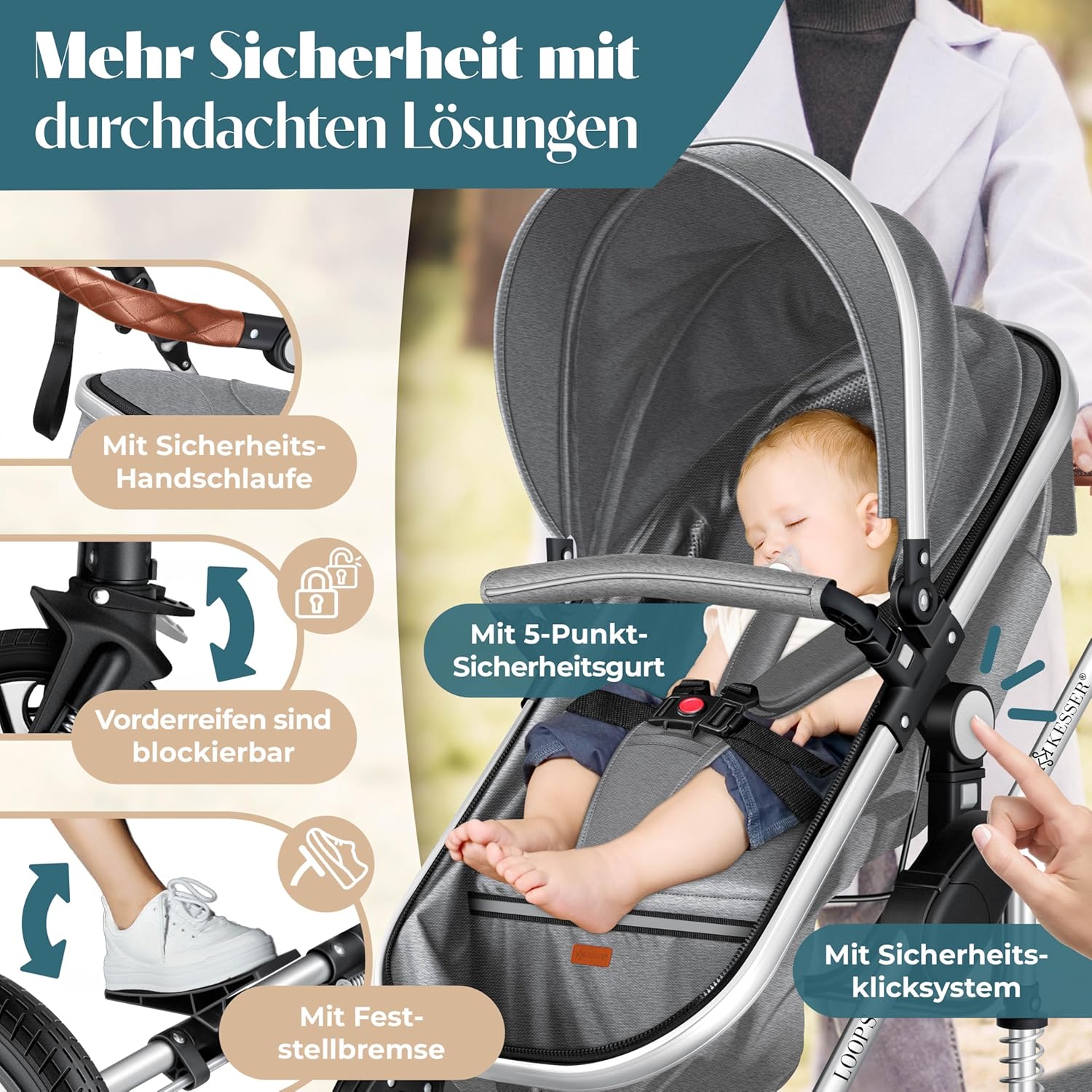 Thumbnail 3 de KESSER® Loops 4 in 1 – Komplett-Set: Kombikinderwagen mit Babywanne, Buggy Sportsitz, Auto-Babyschale, Regenhaube und Wickeltasche