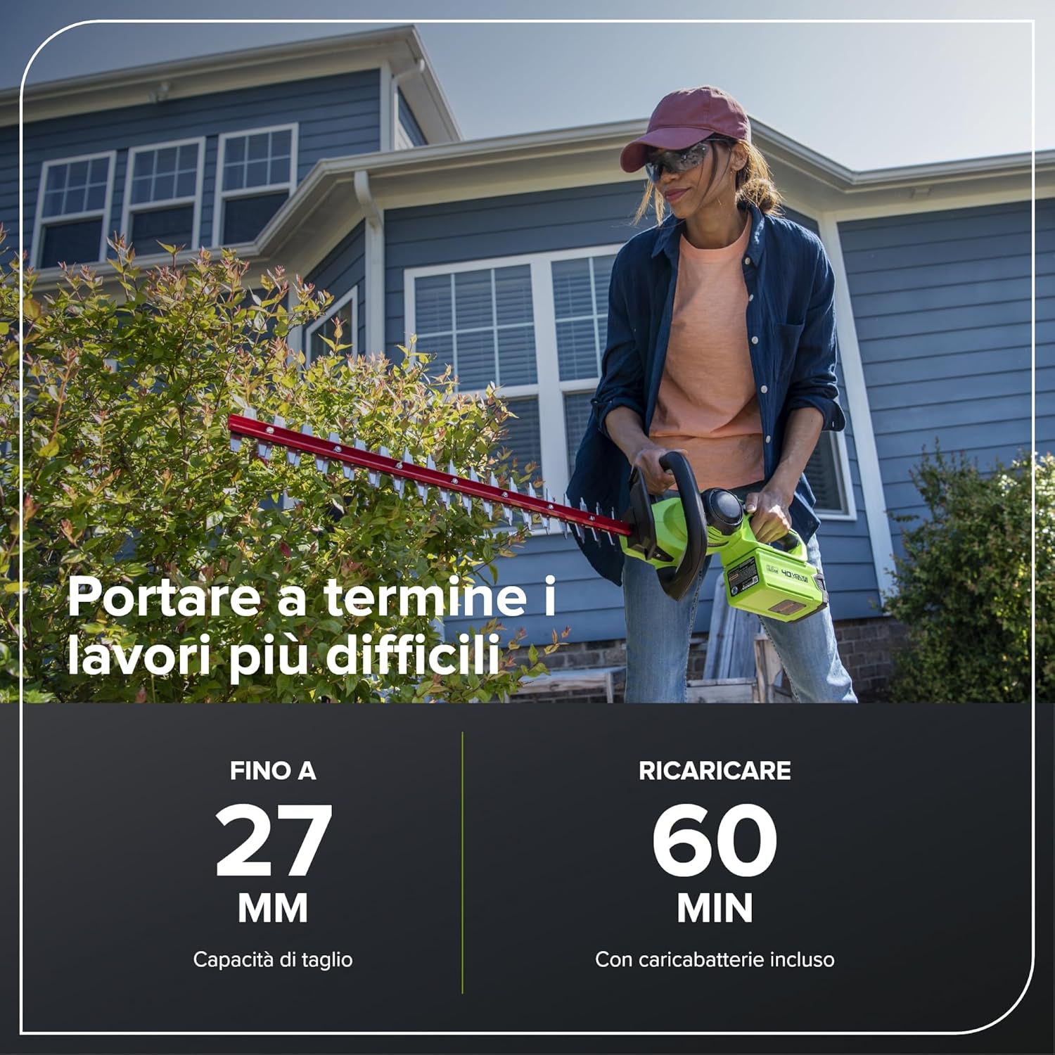 Detalle de Greenworks G40HT61K2 Tagliasiepi a batteria con lama doppia da 61 cm, taglio fino a 27 mm
