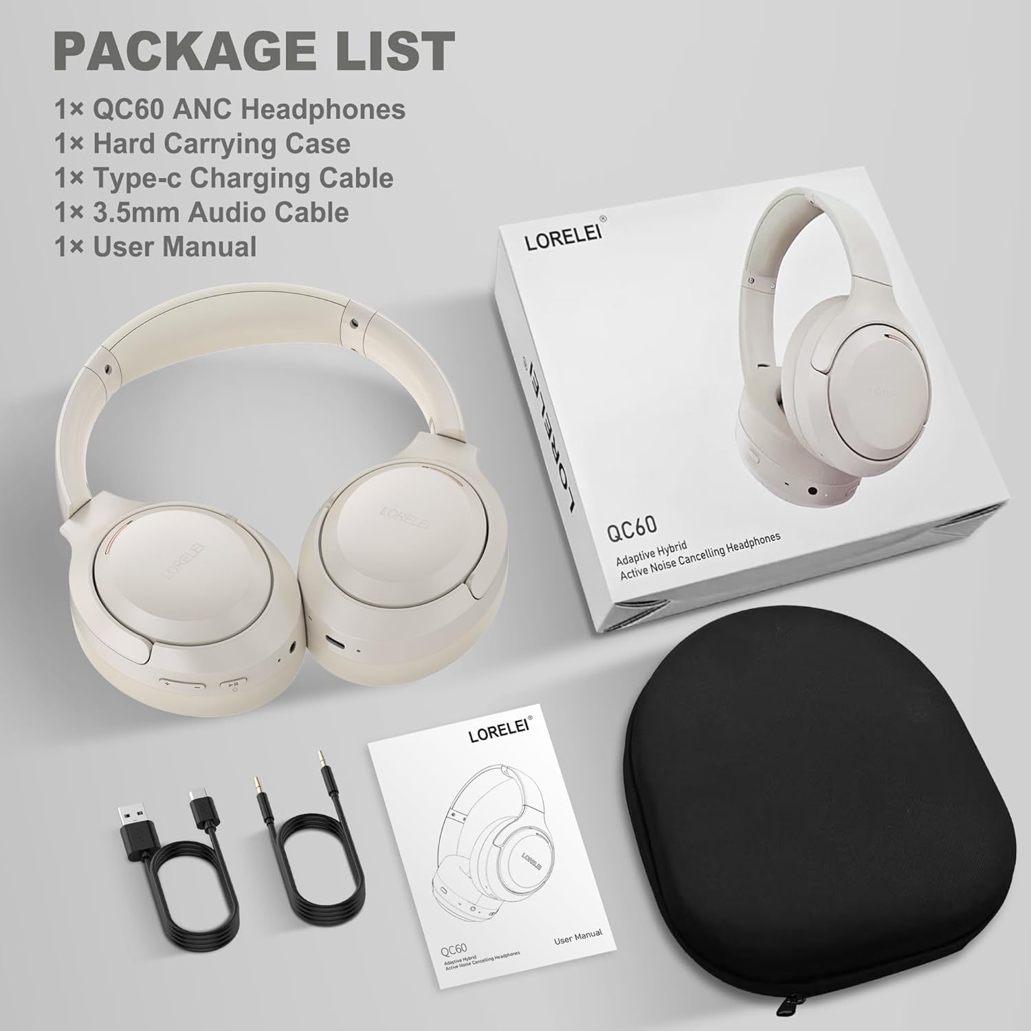 Detalle de LORELEI QC60 Hybrid Active Noise Cancelling Kopfhörer – Kabellos, 60 Stunden Laufzeit, Beige/Weiß