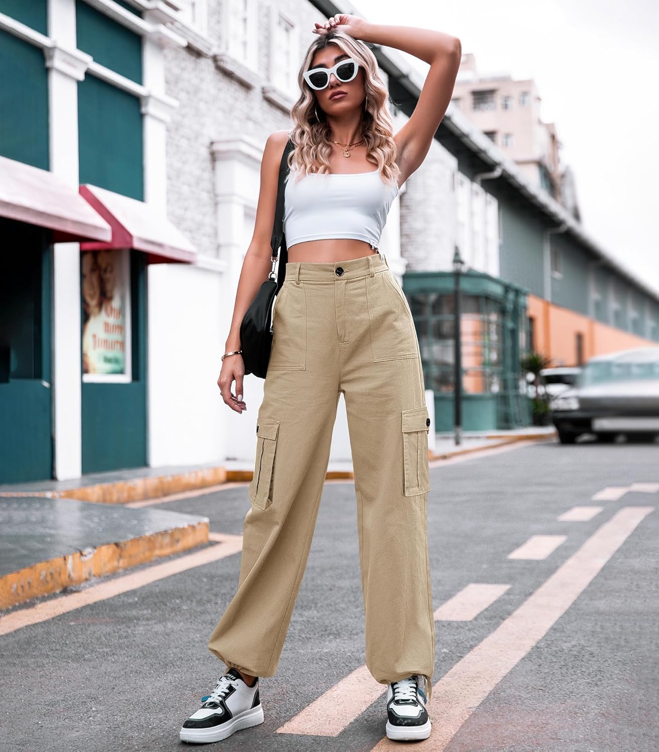 Detalle de Dordanity Y2K Cargohose für Damen mit 6 Taschen – High Waist Baggy Wanderhose aus Baumwollmischgewebe