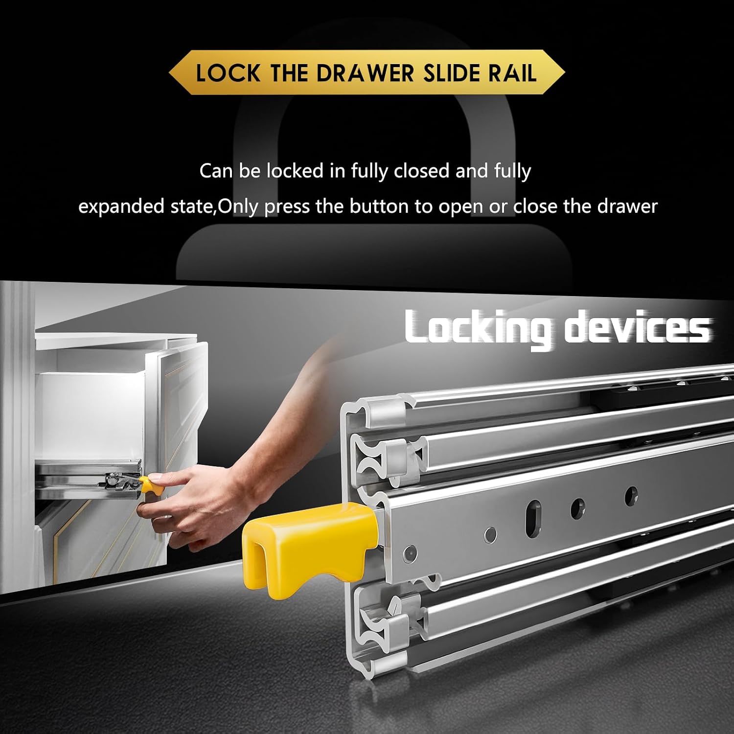 Detalle 1 de AOLISHENG Heavy Duty Drawer Runners with Lock, 210kg load capacity, side mount full extension (24 inch / 600mm) – 1 pair