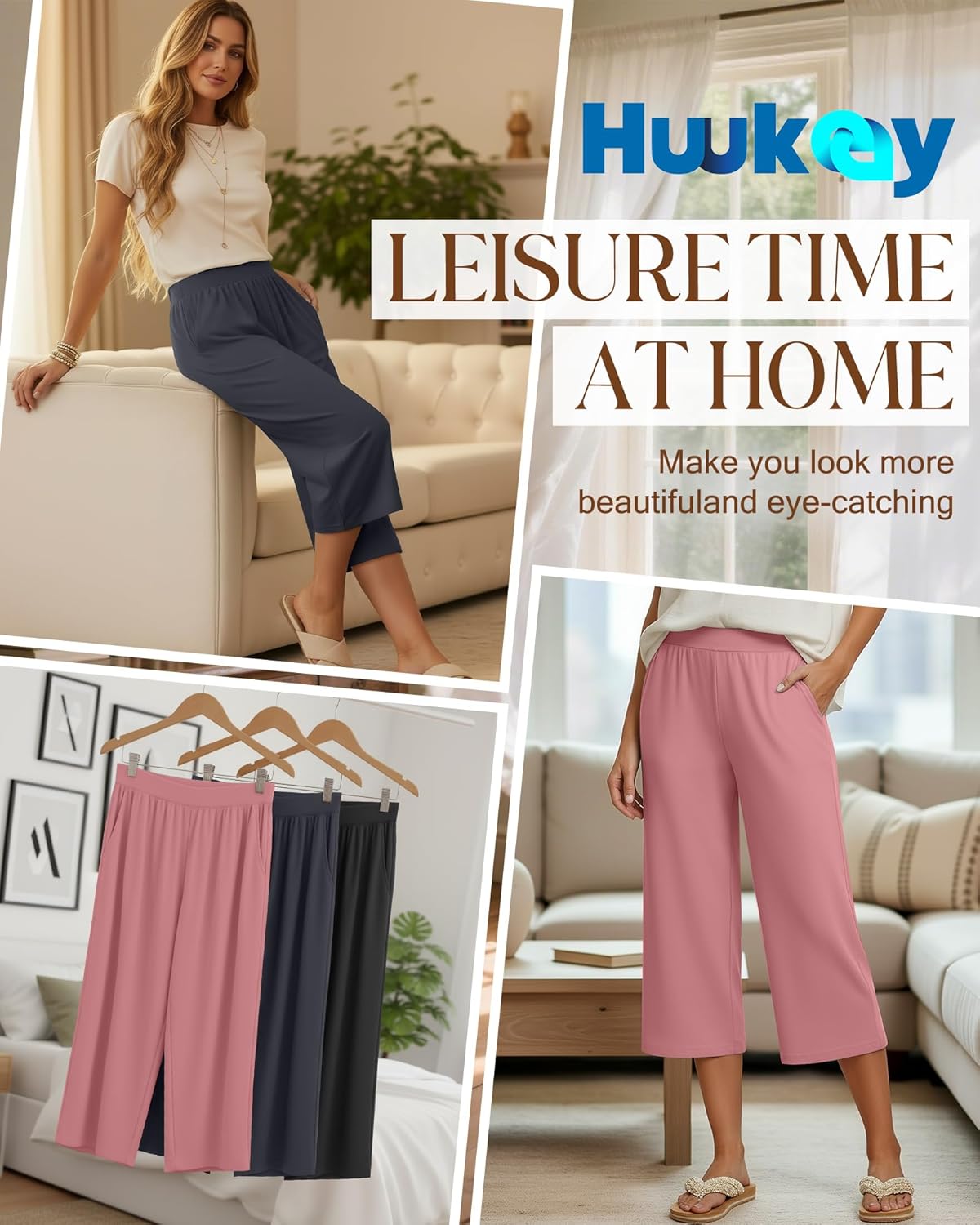 Detalle de Huukeay 3 Pack Women's Capri Sweatpants: Cozy Wide-Leg Cropped Capris with Pockets