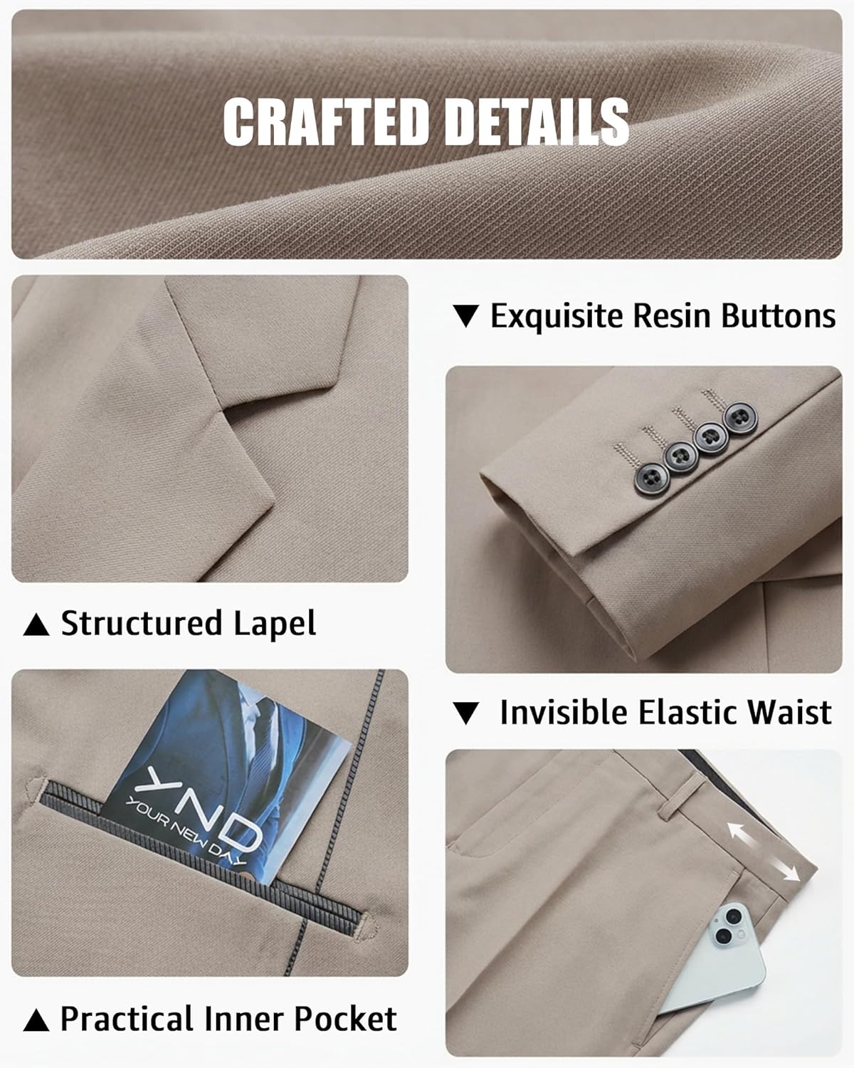 Thumbnail 3 de YND Men's 3 Piece Suit Set with Tie — Slim Fit, 2-Button Blazer, Vest & Pants in 29 Colors
