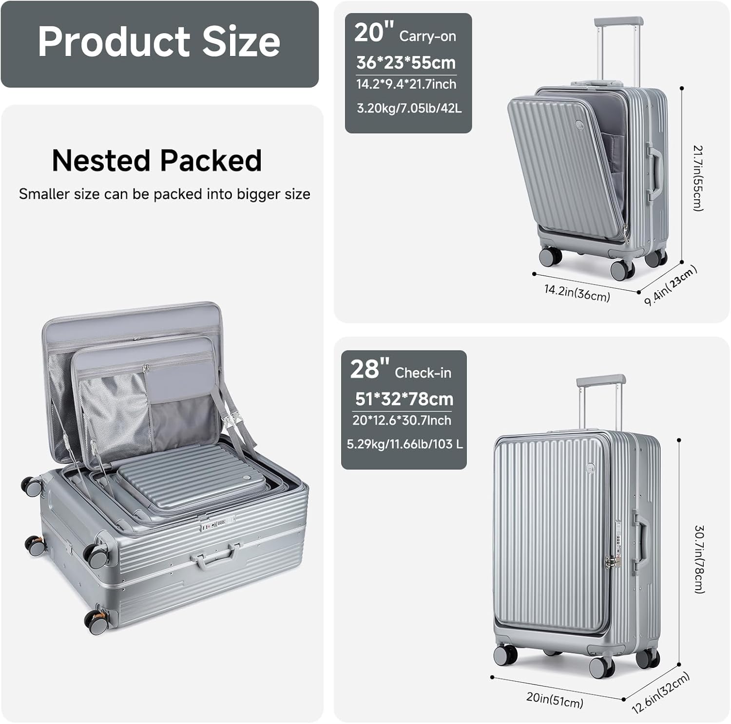 Thumbnail 4 de Sea Choice 2 Piece Luggage Set 20/28 Front Opening PC Hard Shell with USB Port and TSA Lock