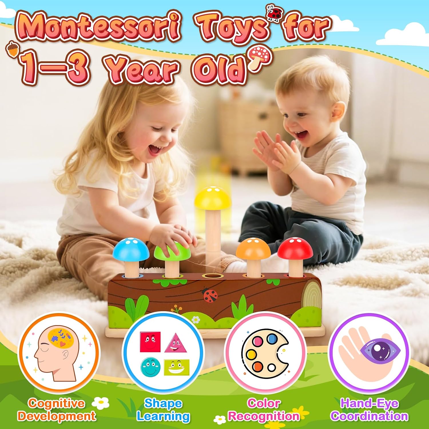 Thumbnail 1 de Pop Up Toys Montessori Wooden Mushroom Colour Sorting Toy for 12–18+ Months