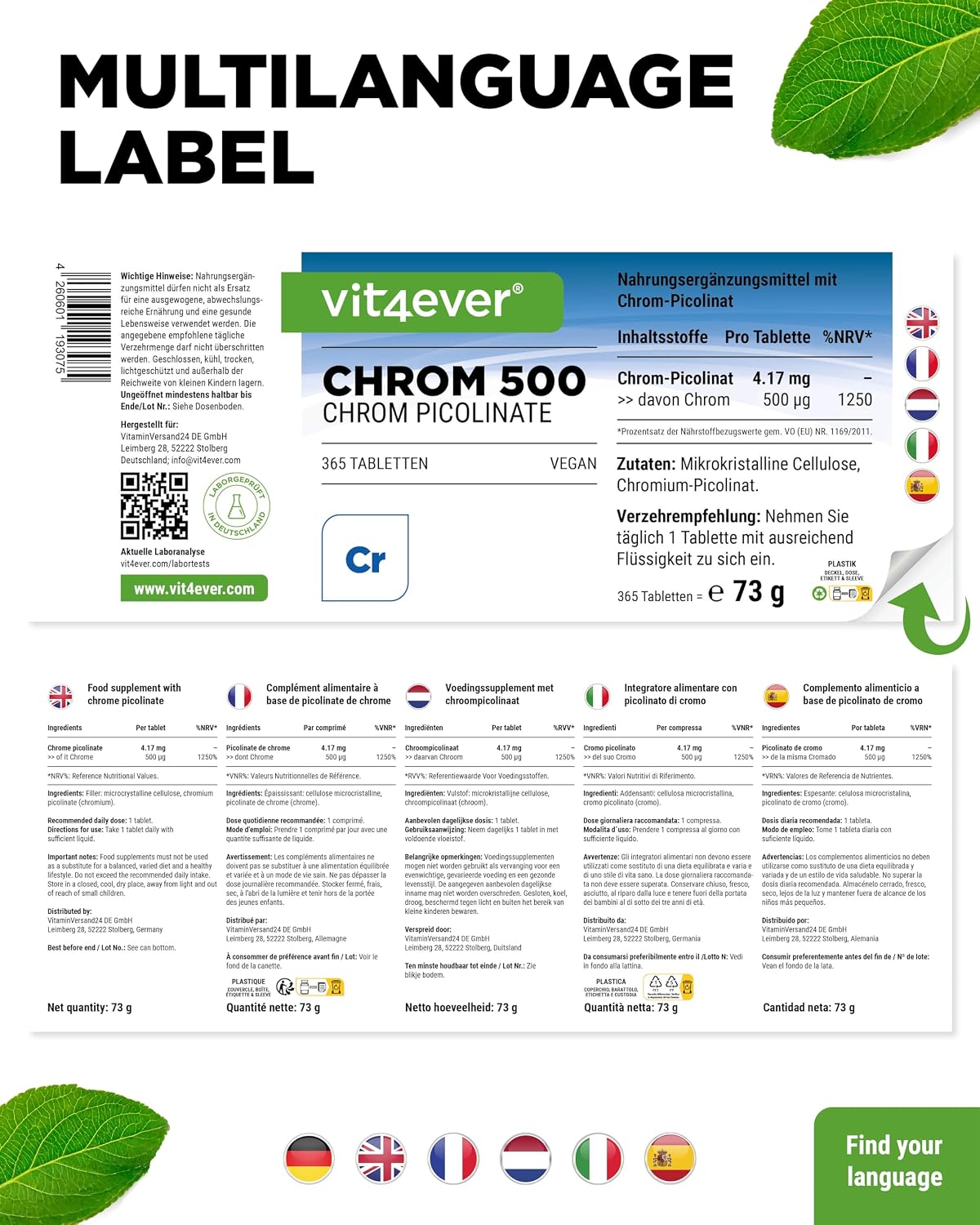 Detalle de vit4ever Chrom aus Chromium Picolinate extra hochdosiert – 500 mcg pro Tablette, 365 Tabletten (vegan)