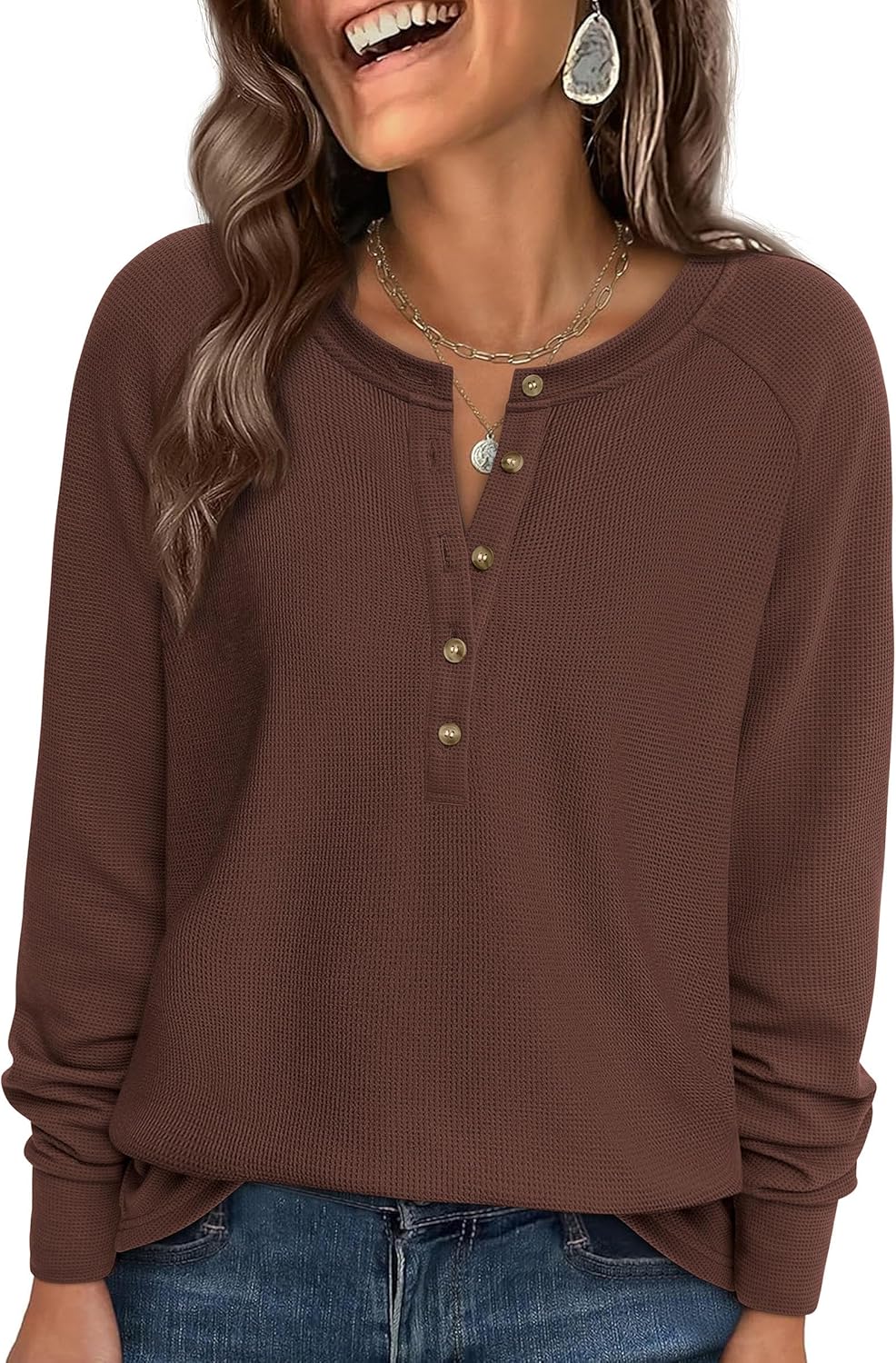 Thumbnail 5 de PRETTYGARDEN Waffle Knit Henley Top, Long Sleeve