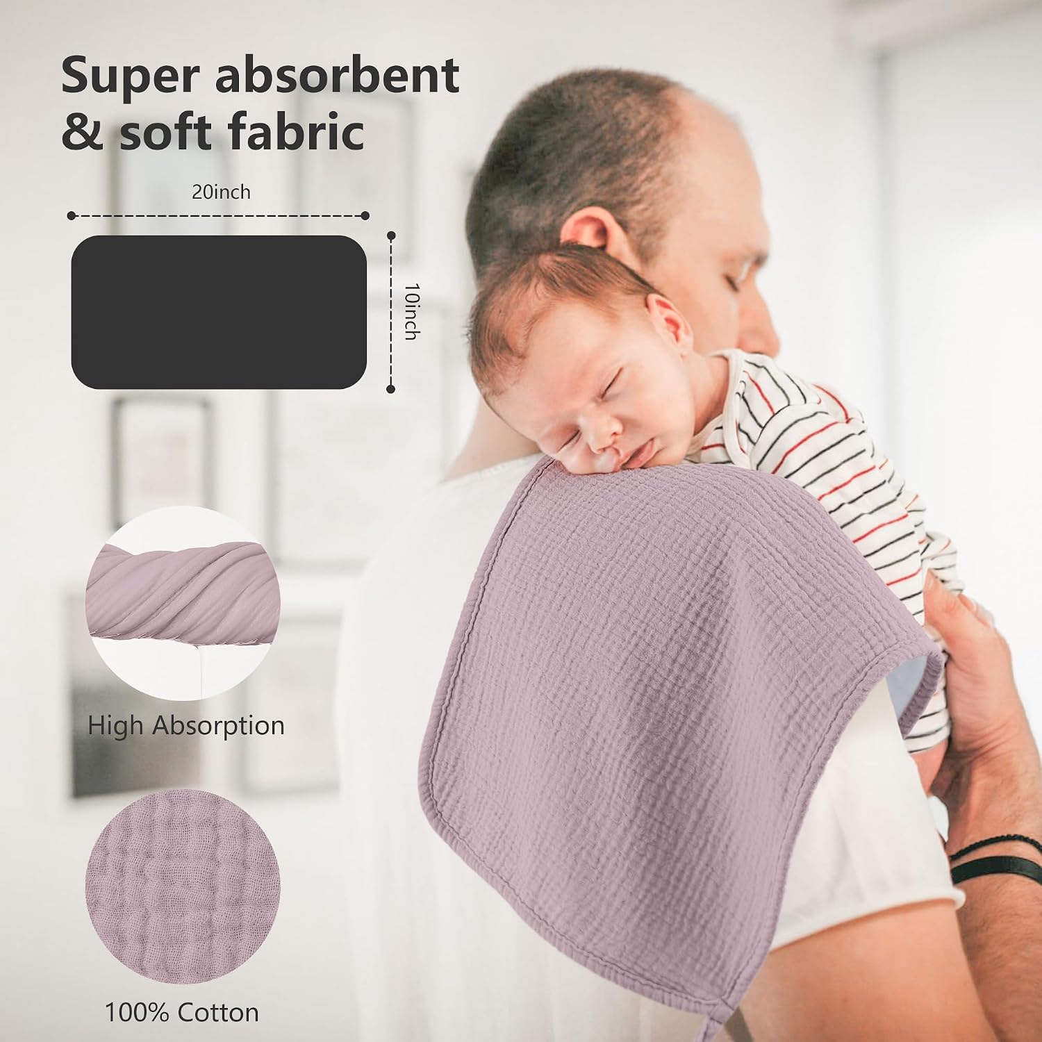 Thumbnail 2 de Bearmoss Muslin Squares Cloths: 100% Cotton Baby Burp Cloths (6 Pack) 50x25cm