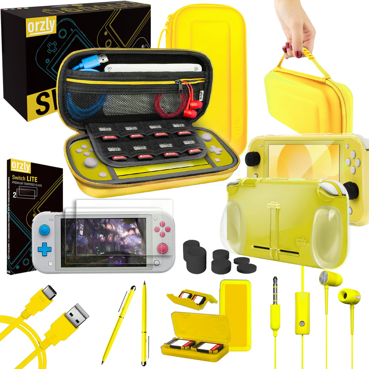 Detalle de ORZLY Switch Lite Zubehör-Set (2019): Tragetasche, Schutzfolien, Comfort Grip, USB-Kabel, Kopfhörer, Patronenhülse & Stylus