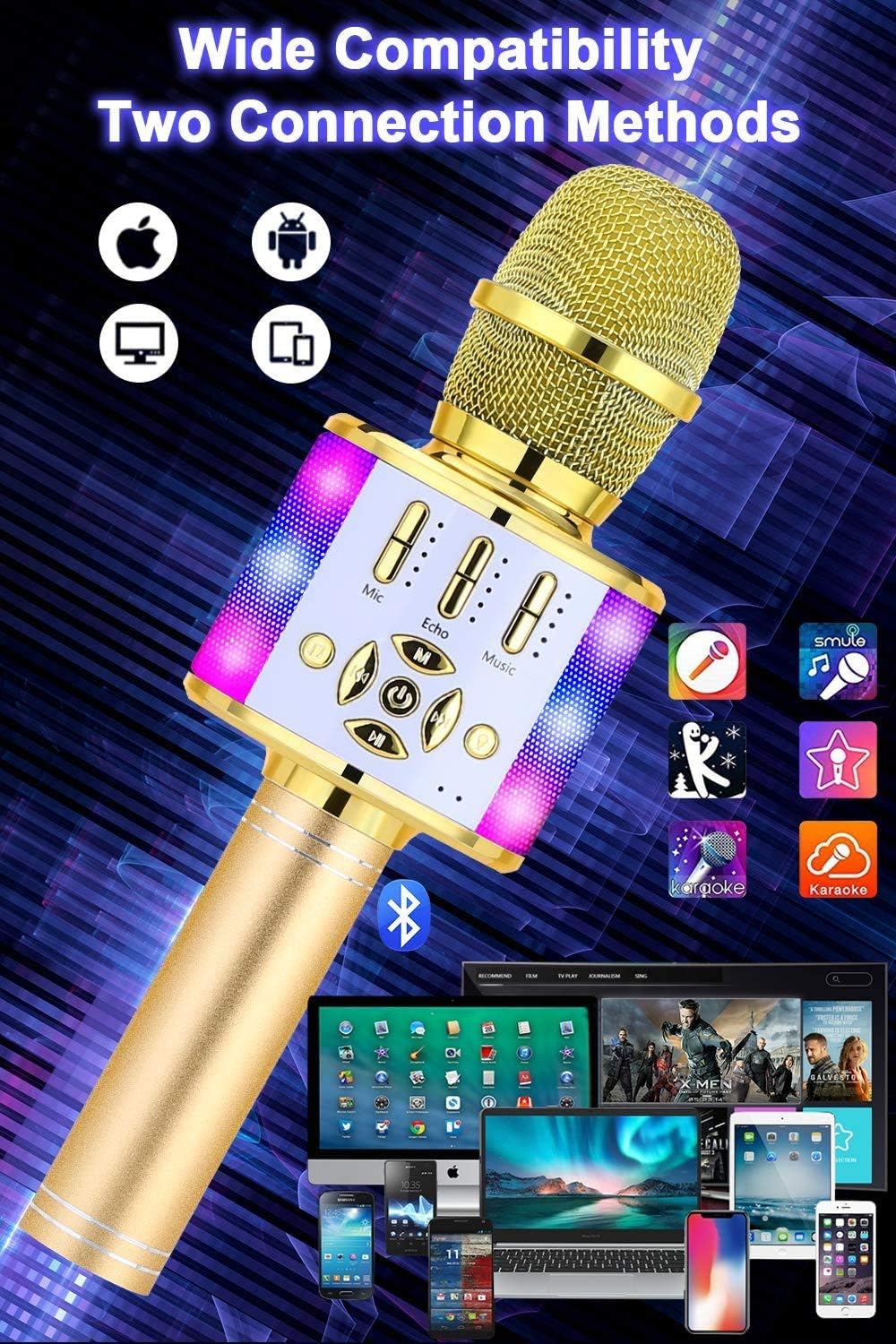 Detalle de BONAOK Kabelloses Bluetooth-Mikrofon für Kinder & Karaoke (Gold) mit LED-Lichtern