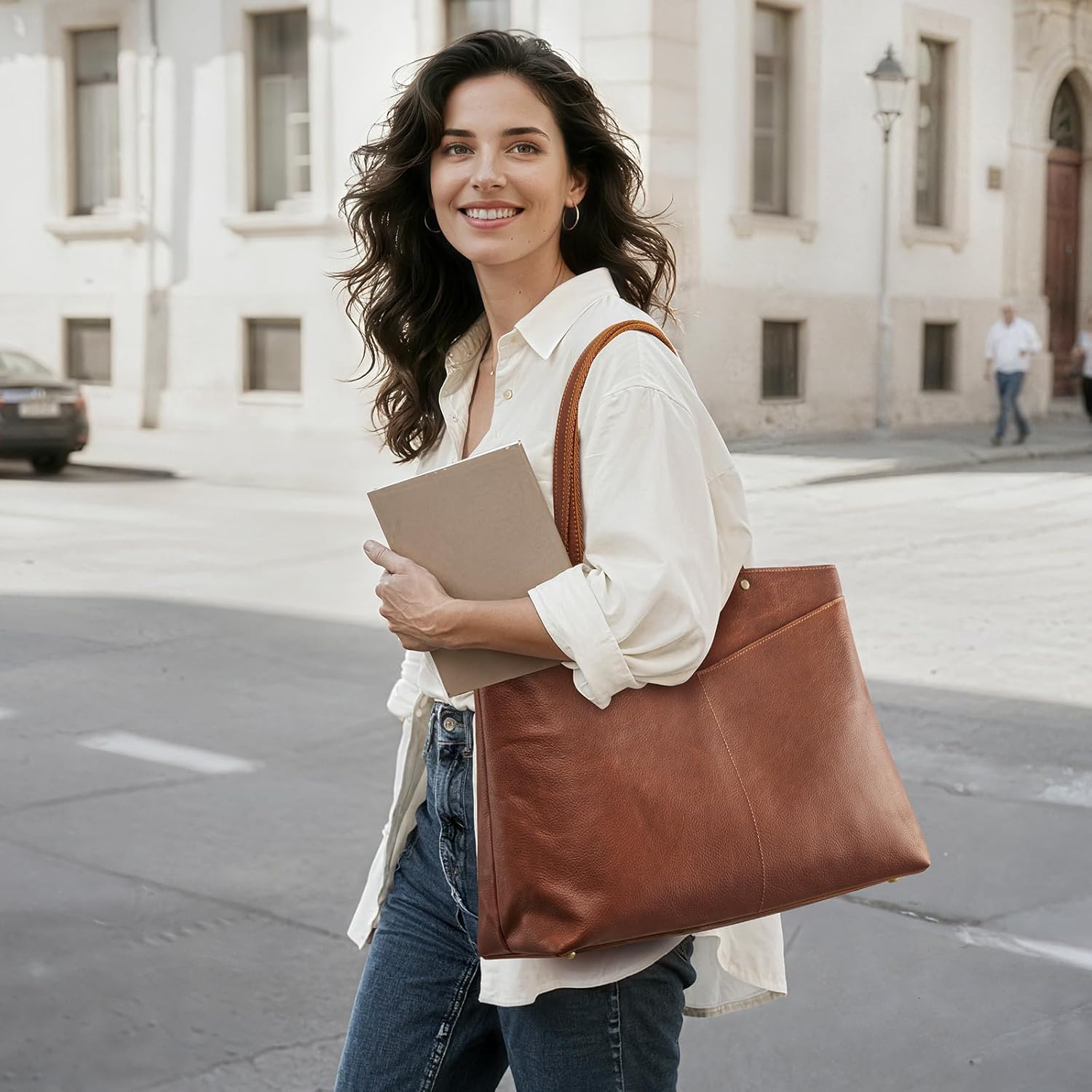 Detalle 2 de S-ZONE Genuine Leather Tote Bag for Women – Large Capacity Work & Travel Handbag